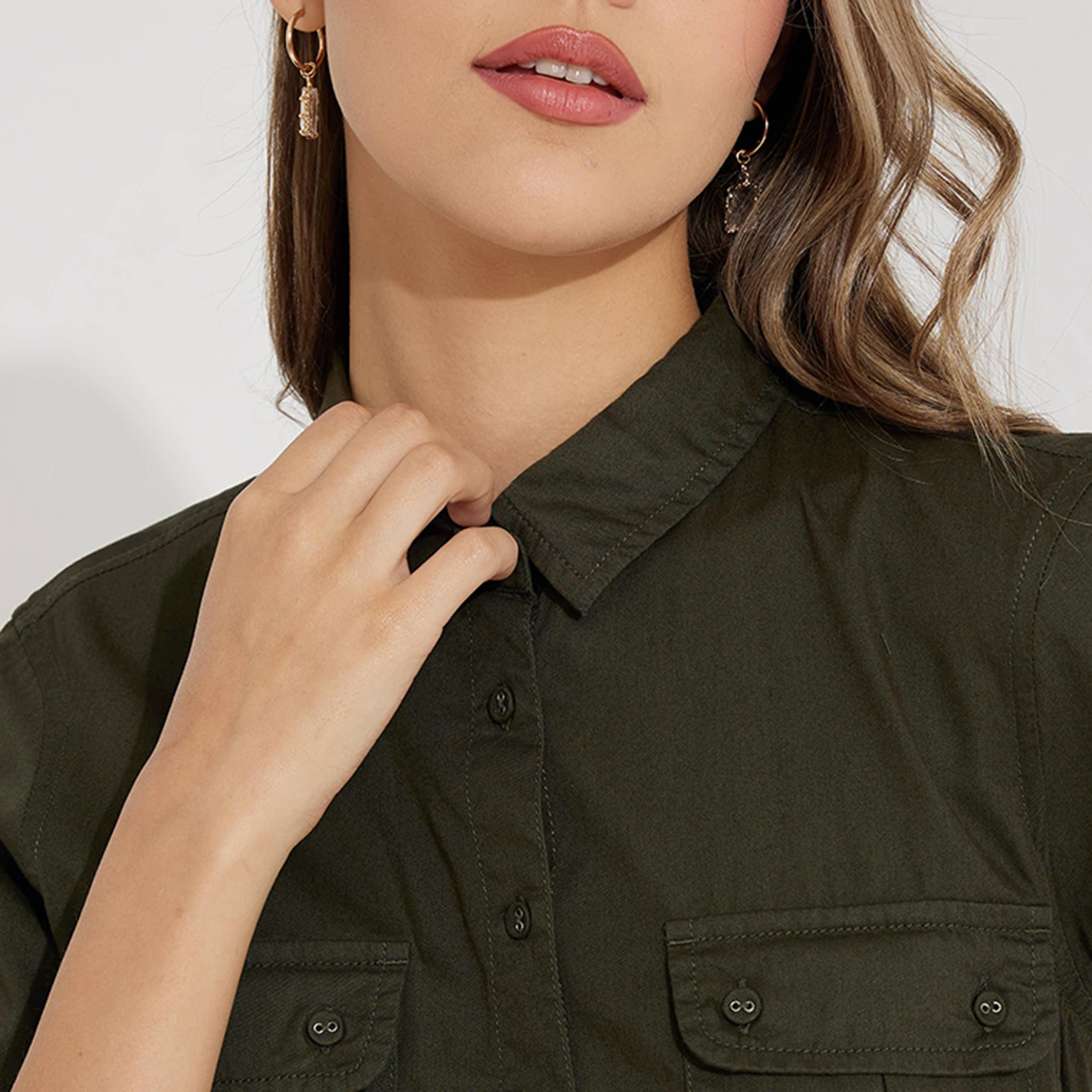 Aeropostale Plain Collared Belted Shirt Knee Dress-women-clothing-dresses-image-3