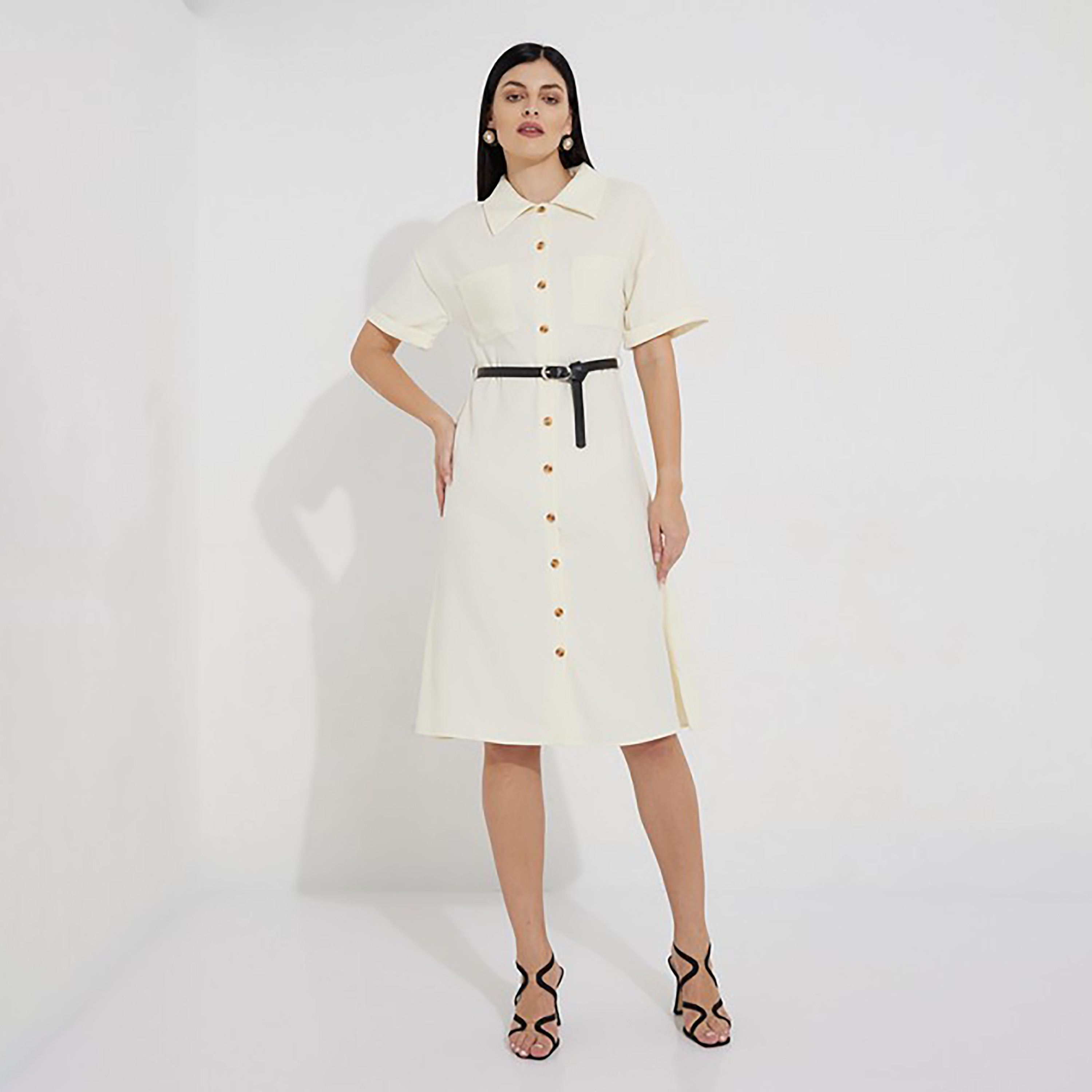 فستان قميص حتى الركبة بحزام وياقة سادة من إيروبوستال-women-clothing-dresses-image-1