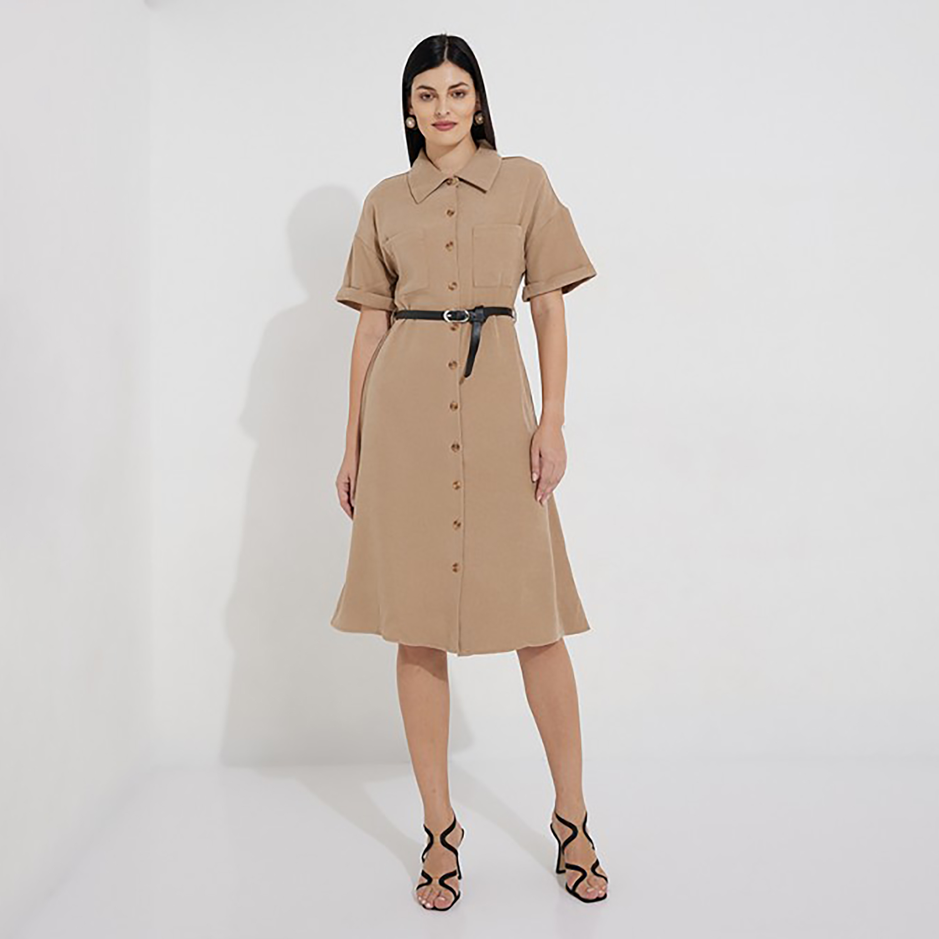 فستان قميص حتى الركبة بحزام وياقة سادة من إيروبوستال-women-clothing-dresses-image-5