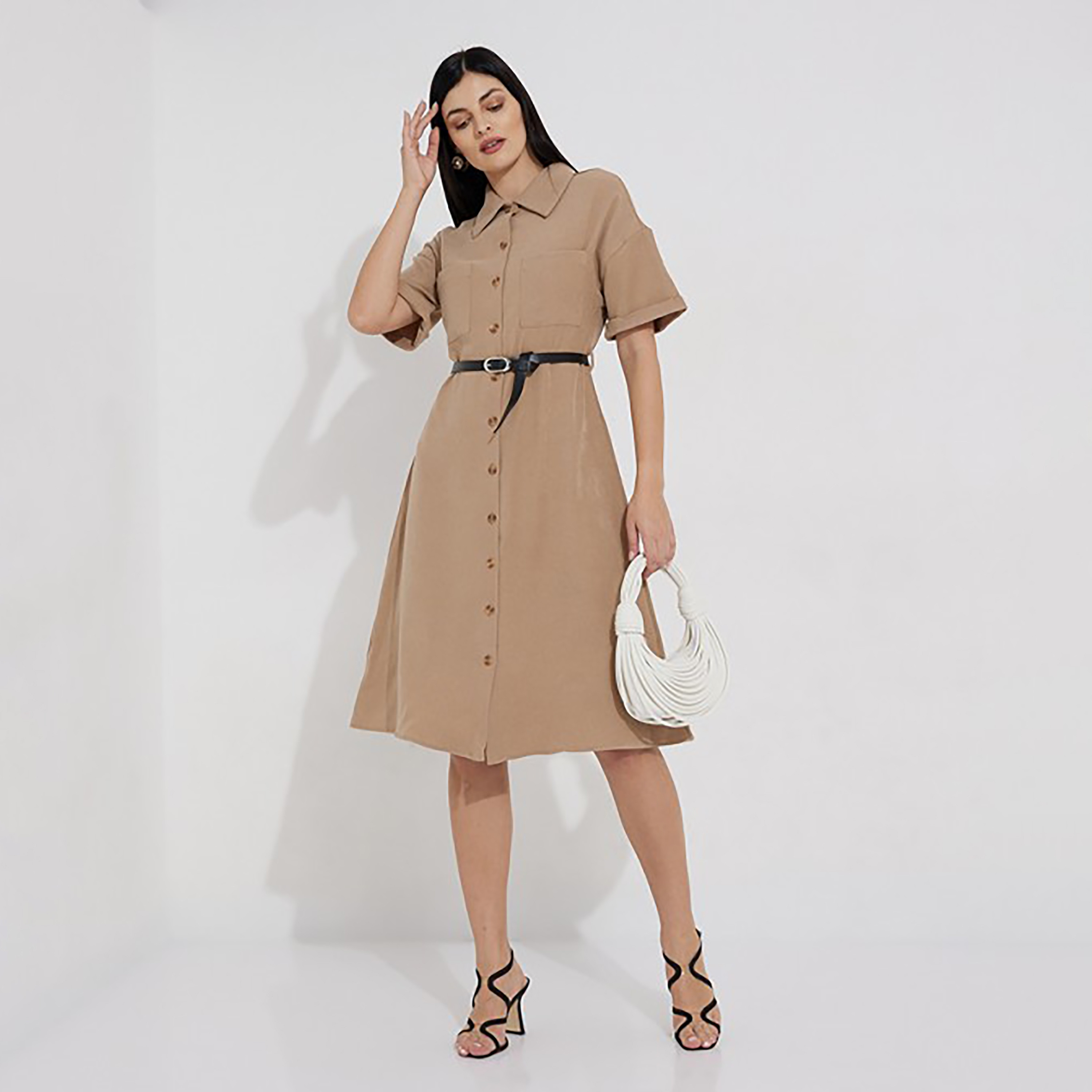فستان قميص حتى الركبة بحزام وياقة سادة من إيروبوستال-women-clothing-dresses-image-6