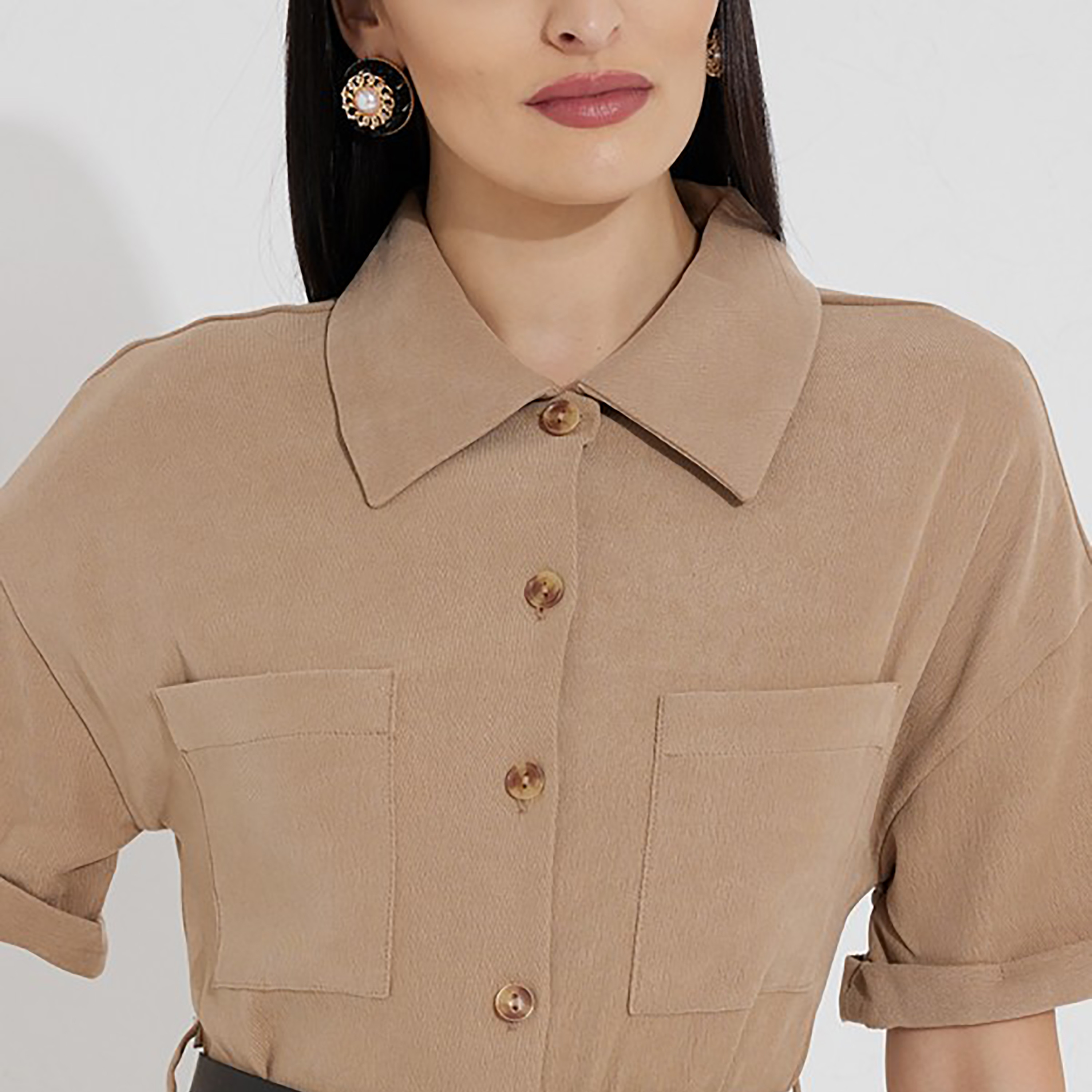 فستان قميص حتى الركبة بحزام وياقة سادة من إيروبوستال-women-clothing-dresses-image-7