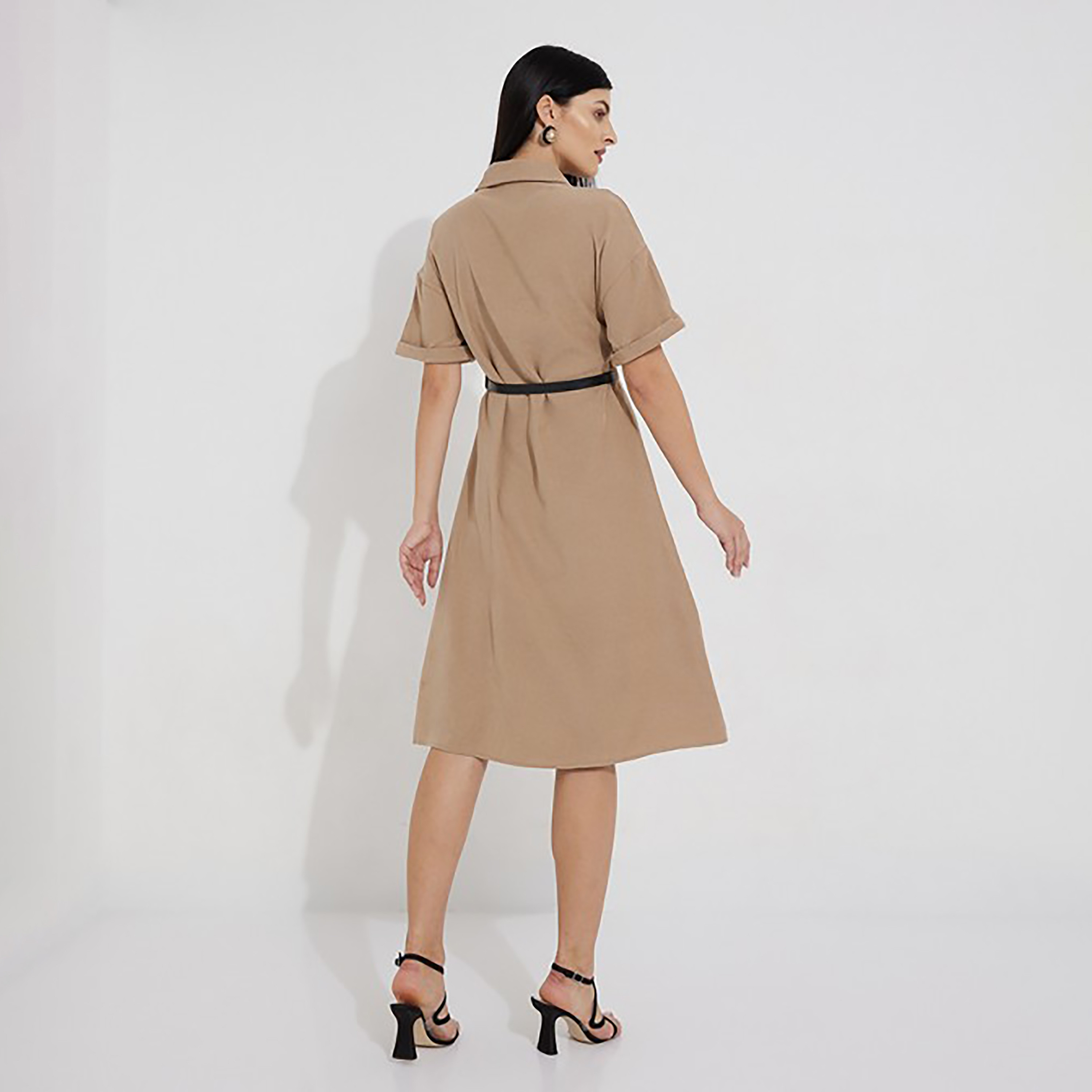 فستان قميص حتى الركبة بحزام وياقة سادة من إيروبوستال-women-clothing-dresses-image-8