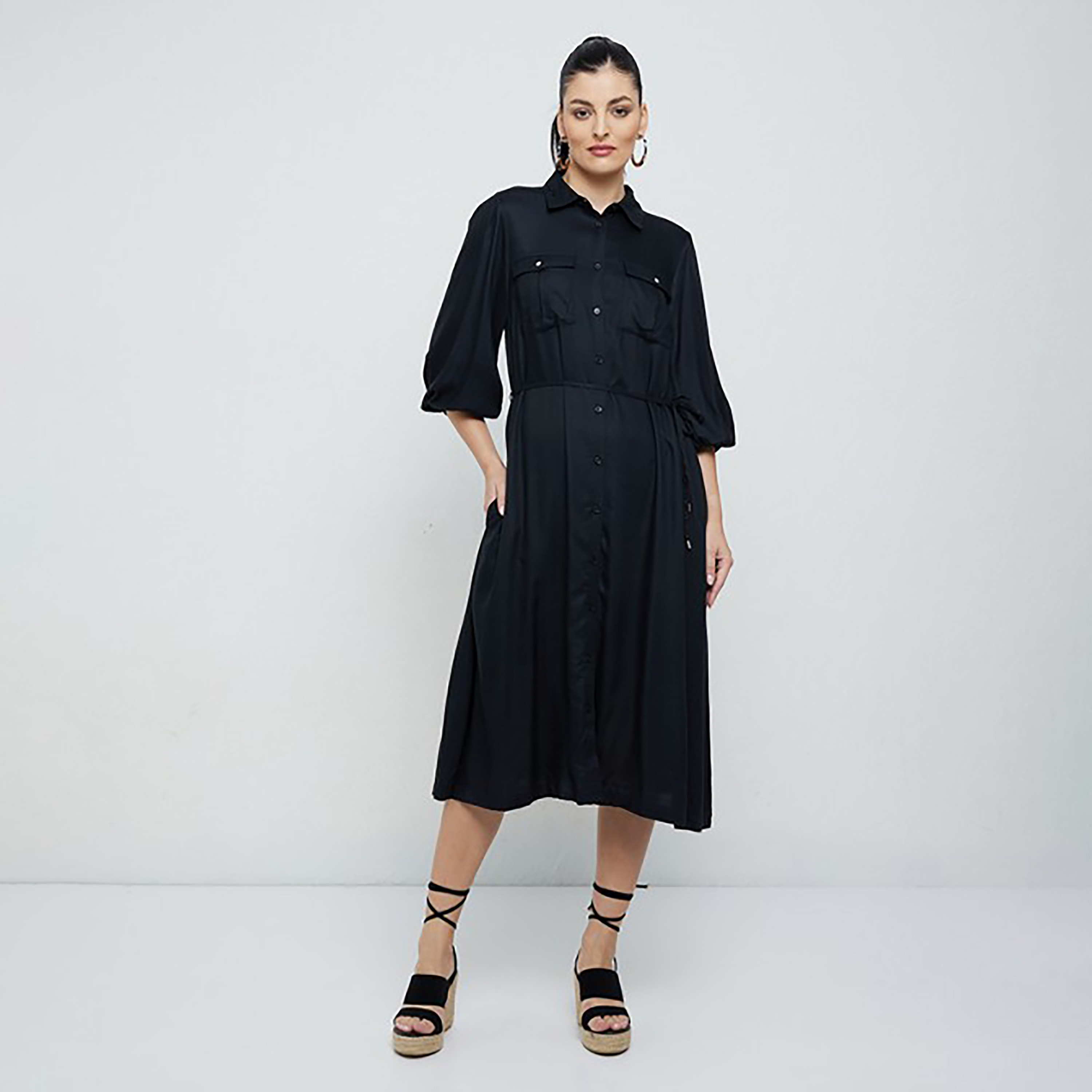 Aeropostale Plain Collared Midi Shirt Dress-women-clothing-dresses-image-1