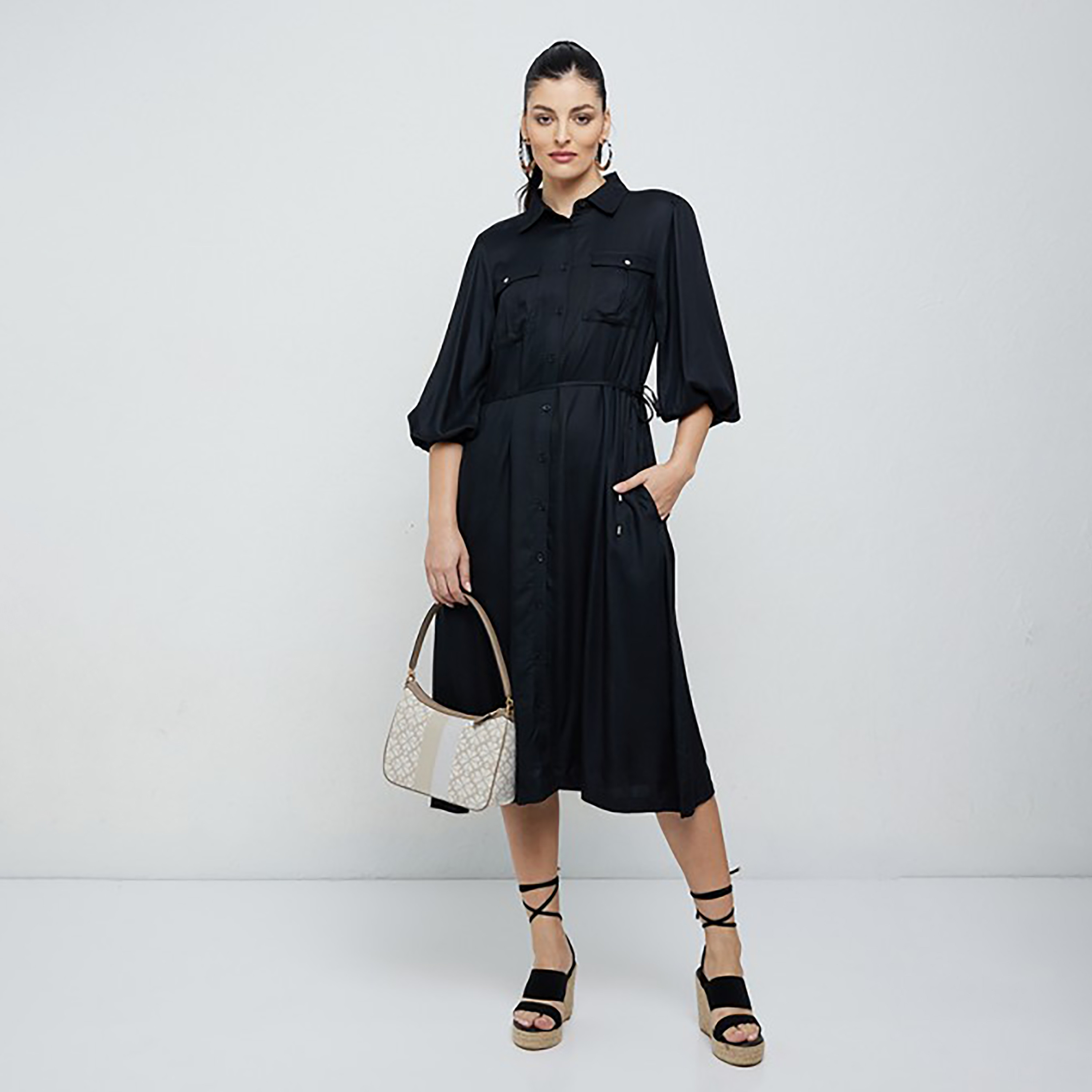 Aeropostale Plain Collared Midi Shirt Dress-women-clothing-dresses-image-2