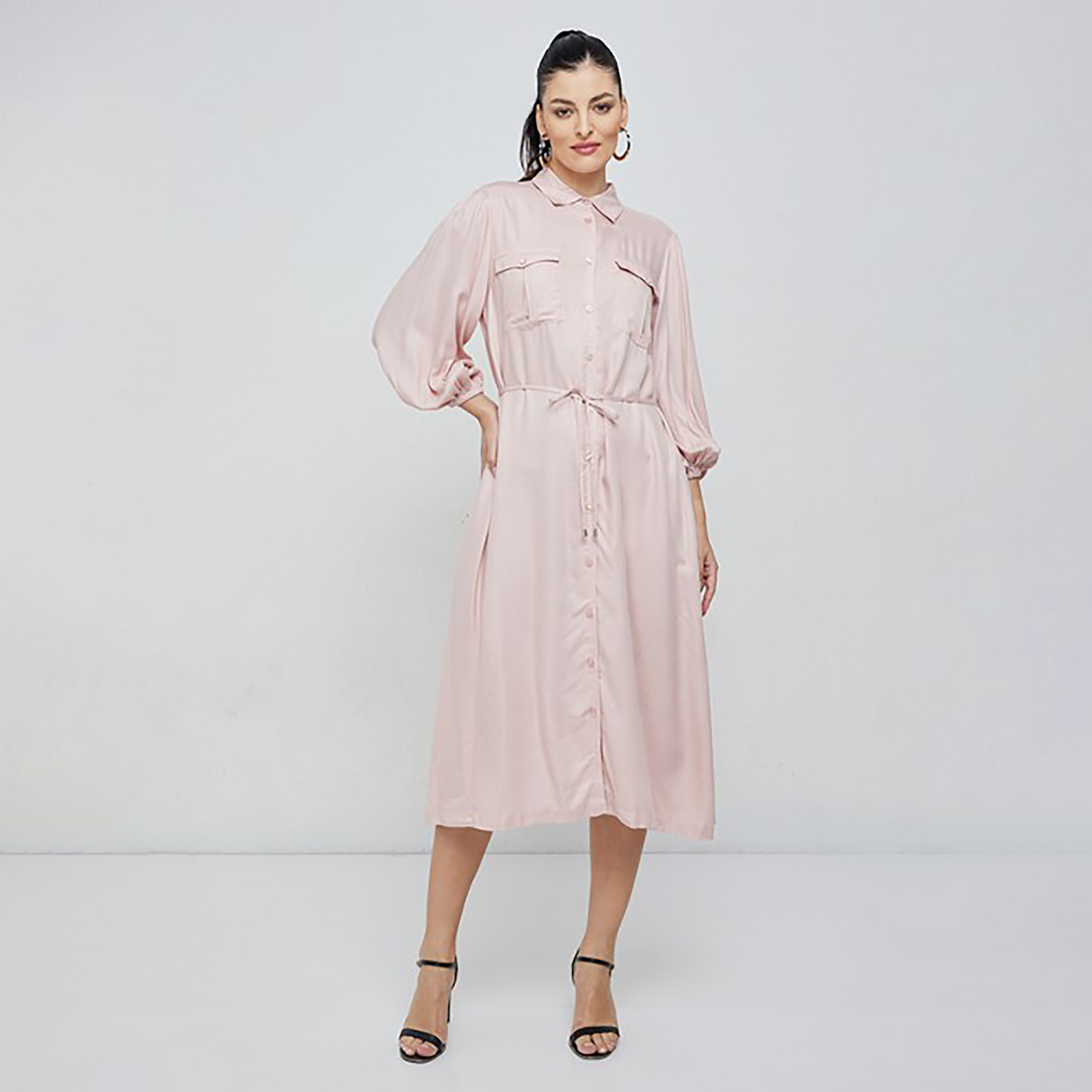 فستان قميص ميدي بياقة سادة من إيروبوستال-women-clothing-dresses-image-1