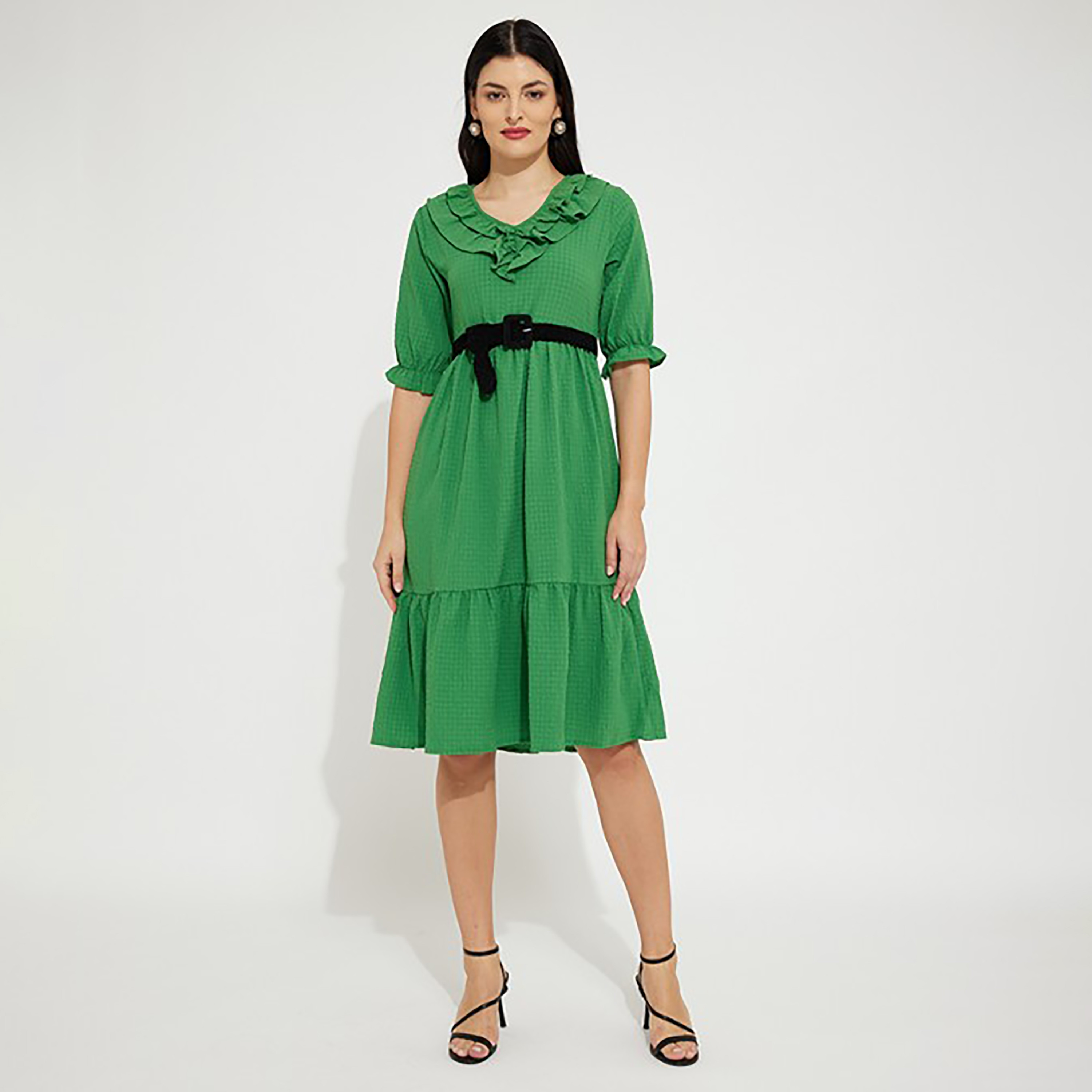 فستان ميدي بحزام ورقبة مكشكشة مع تكسثرد من إيروبوستال-women-clothing-dresses-image-5
