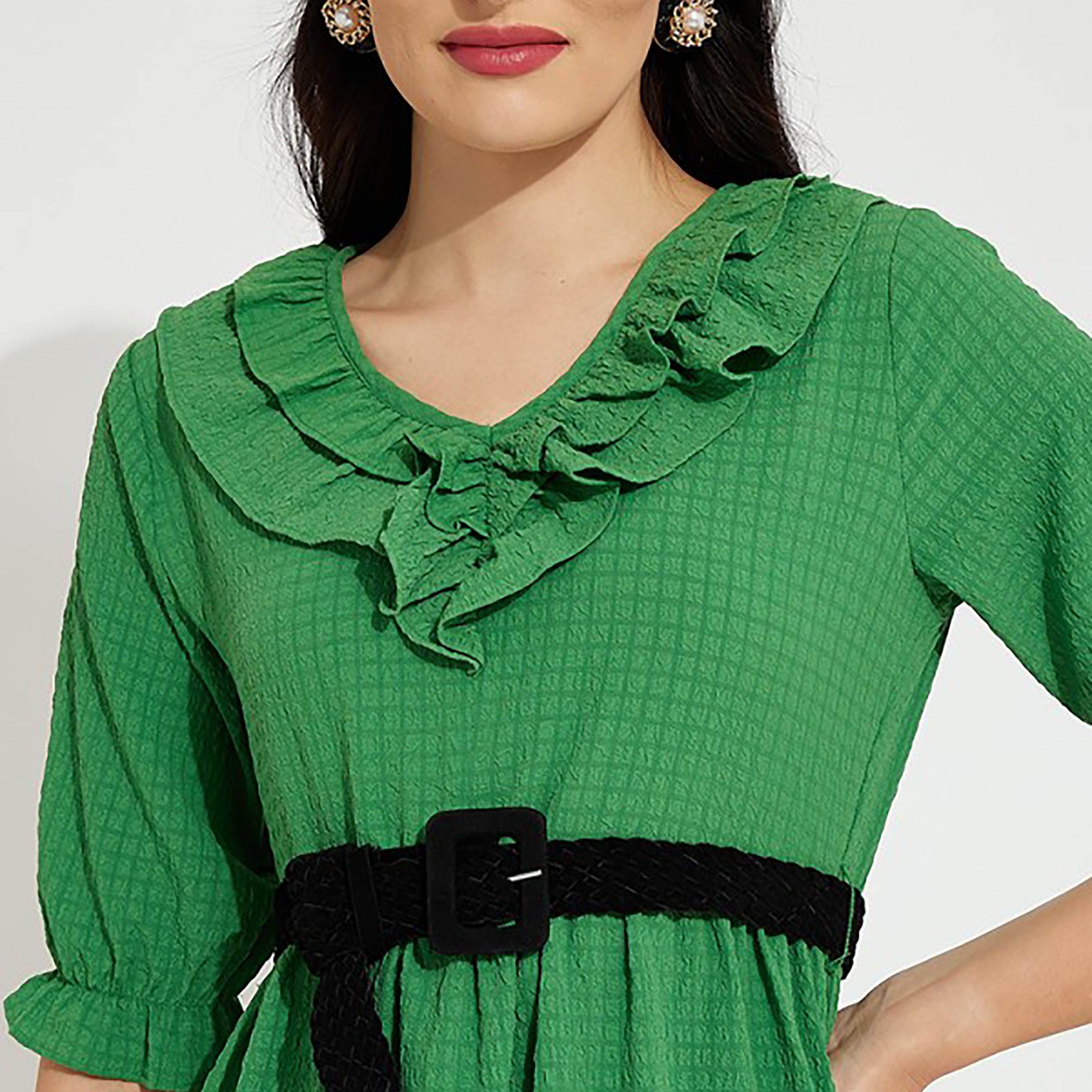 فستان ميدي بحزام ورقبة مكشكشة مع تكسثرد من إيروبوستال-women-clothing-dresses-image-7