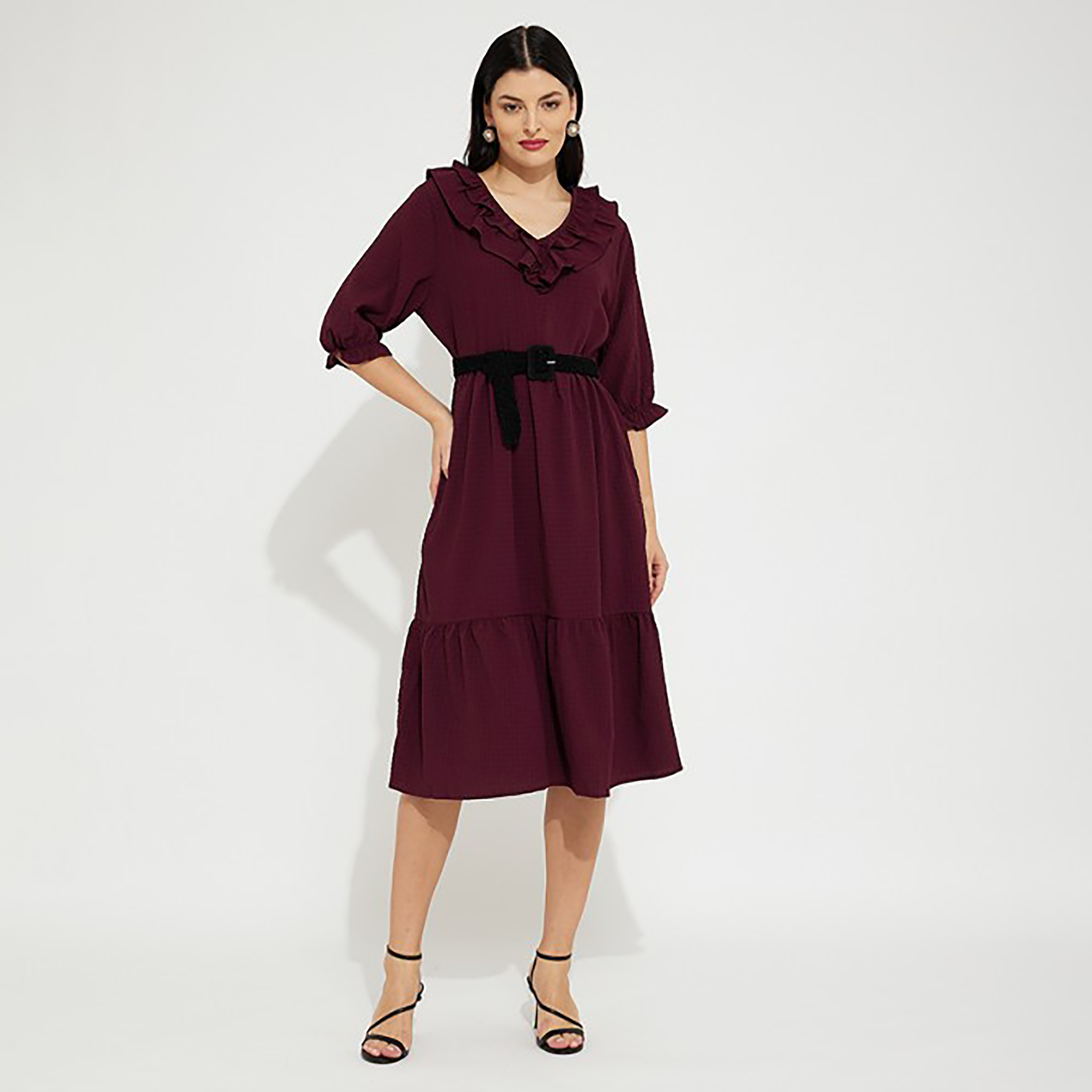 فستان ميدي بحزام ورقبة مكشكشة مع تكسثرد من إيروبوستال-women-clothing-dresses-image-1