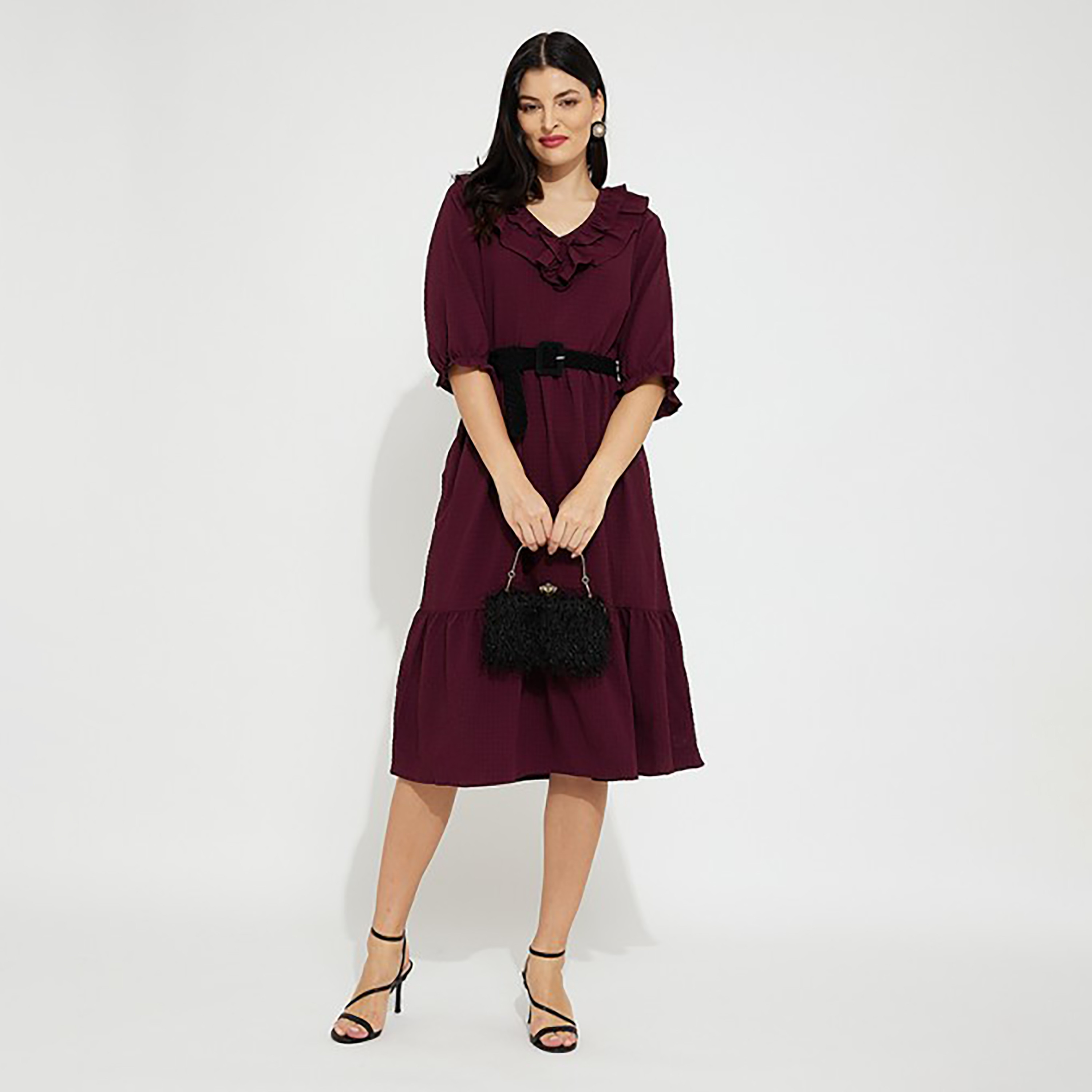 فستان ميدي بحزام ورقبة مكشكشة مع تكسثرد من إيروبوستال-women-clothing-dresses-image-2