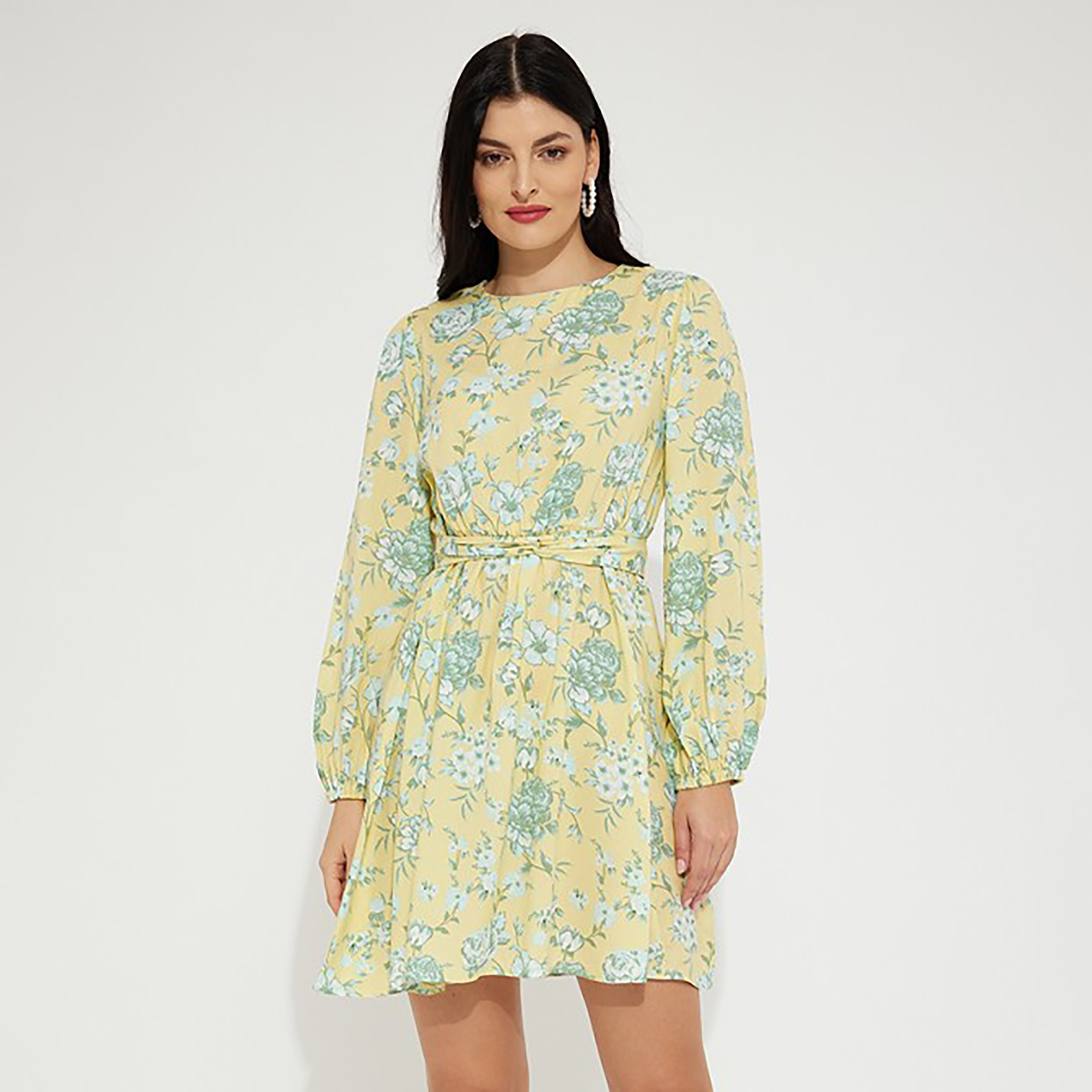 فستان نسائي قصير من إيروبوستيل بقصّة واسعة وطبعة زهور باللون الأصفر-women-clothing-dresses-image-1