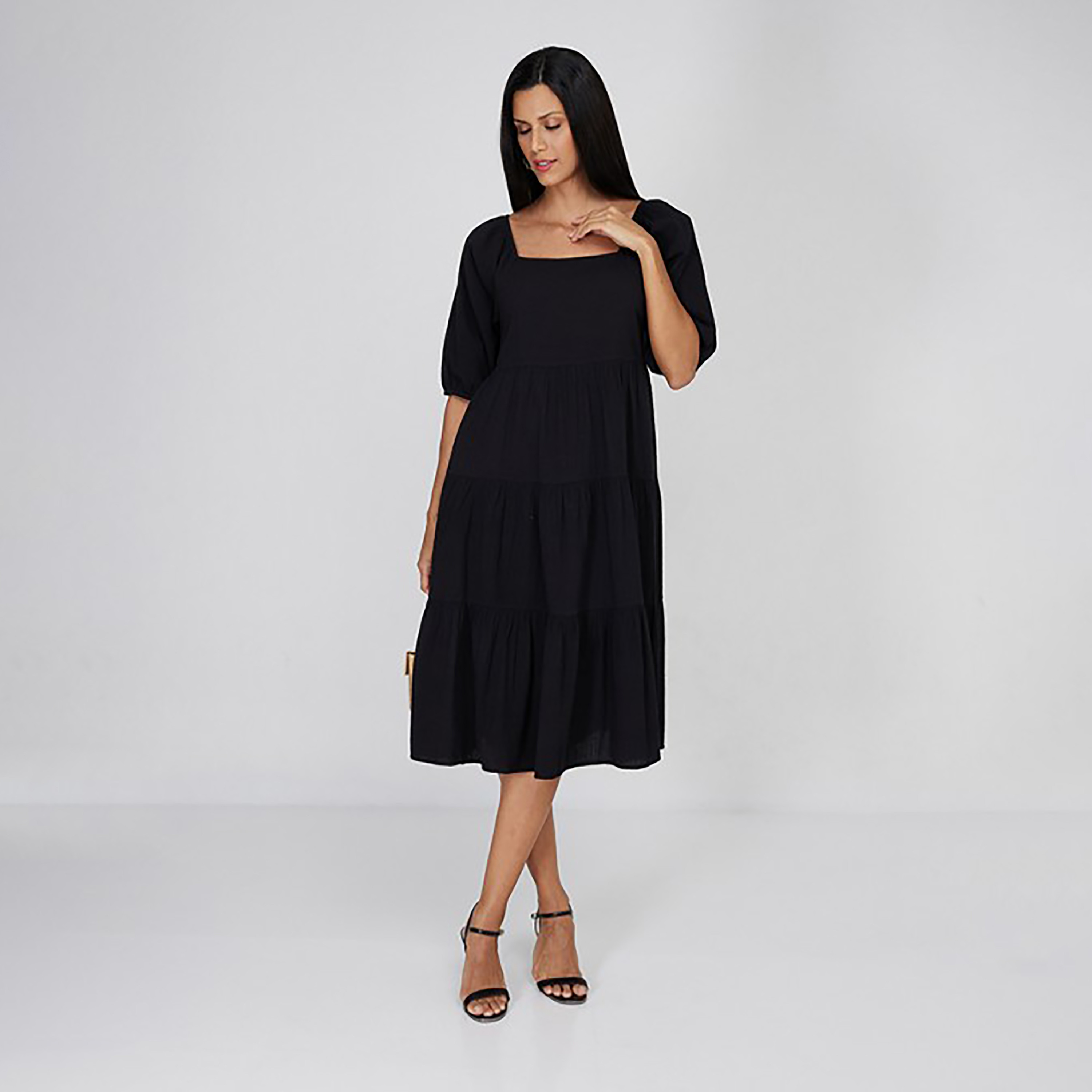 فستان متوسط الطول بطبقات ورقبة مربعة مع منسوج من إيروبوستال-women-clothing-dresses-image-2