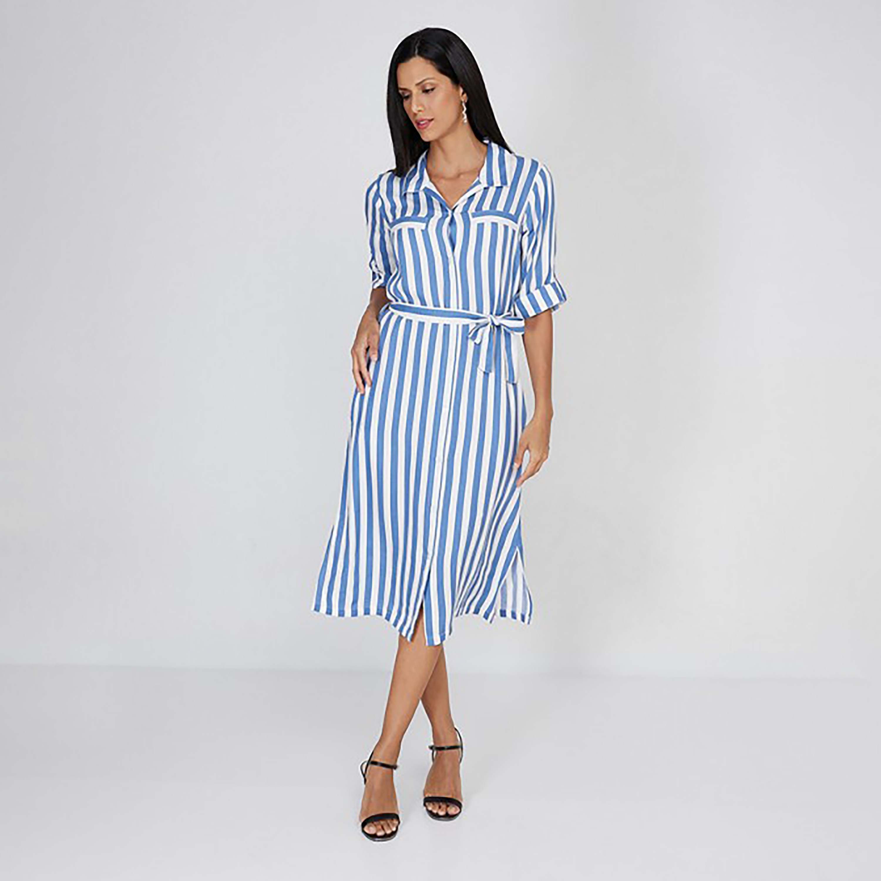 فستان قميص ميدي بياقة مع مخطط من إيروبوستال-women-clothing-dresses-image-1