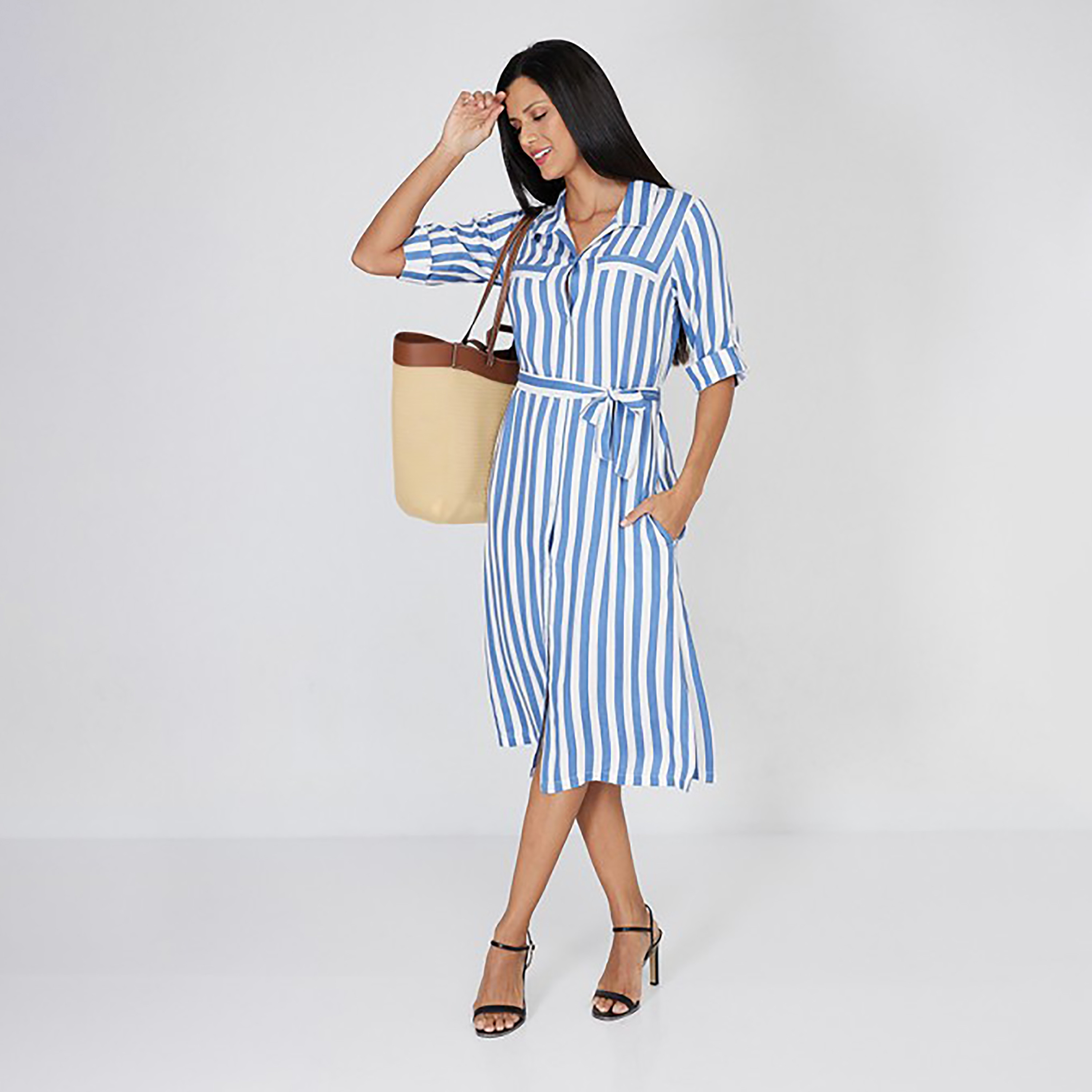 فستان قميص ميدي بياقة مع مخطط من إيروبوستال-women-clothing-dresses-image-2