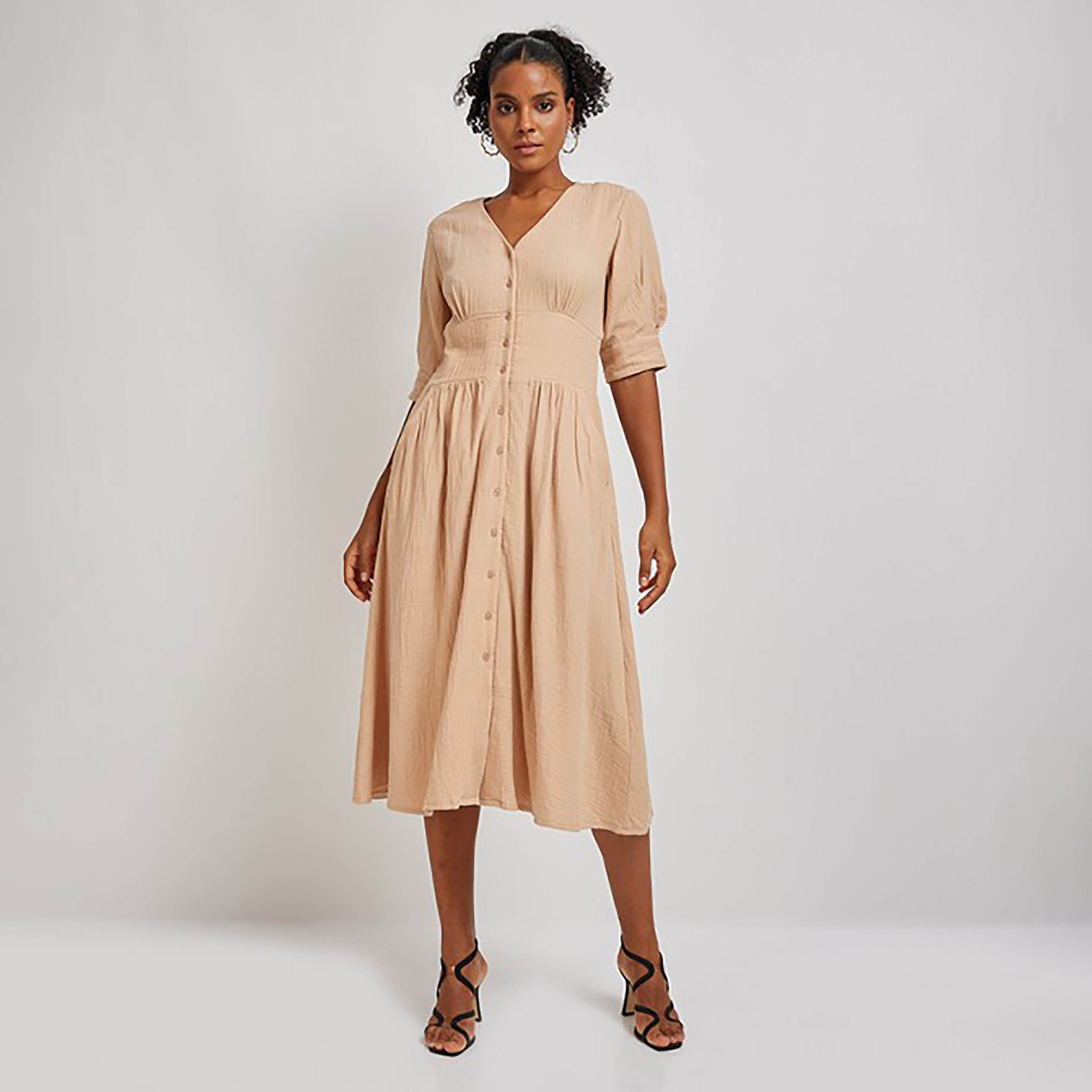 فستان ميدي ذو إيه لاين بياقة على شكل فى من إيروبوستال مع تكسثرد-women-clothing-dresses-image-5