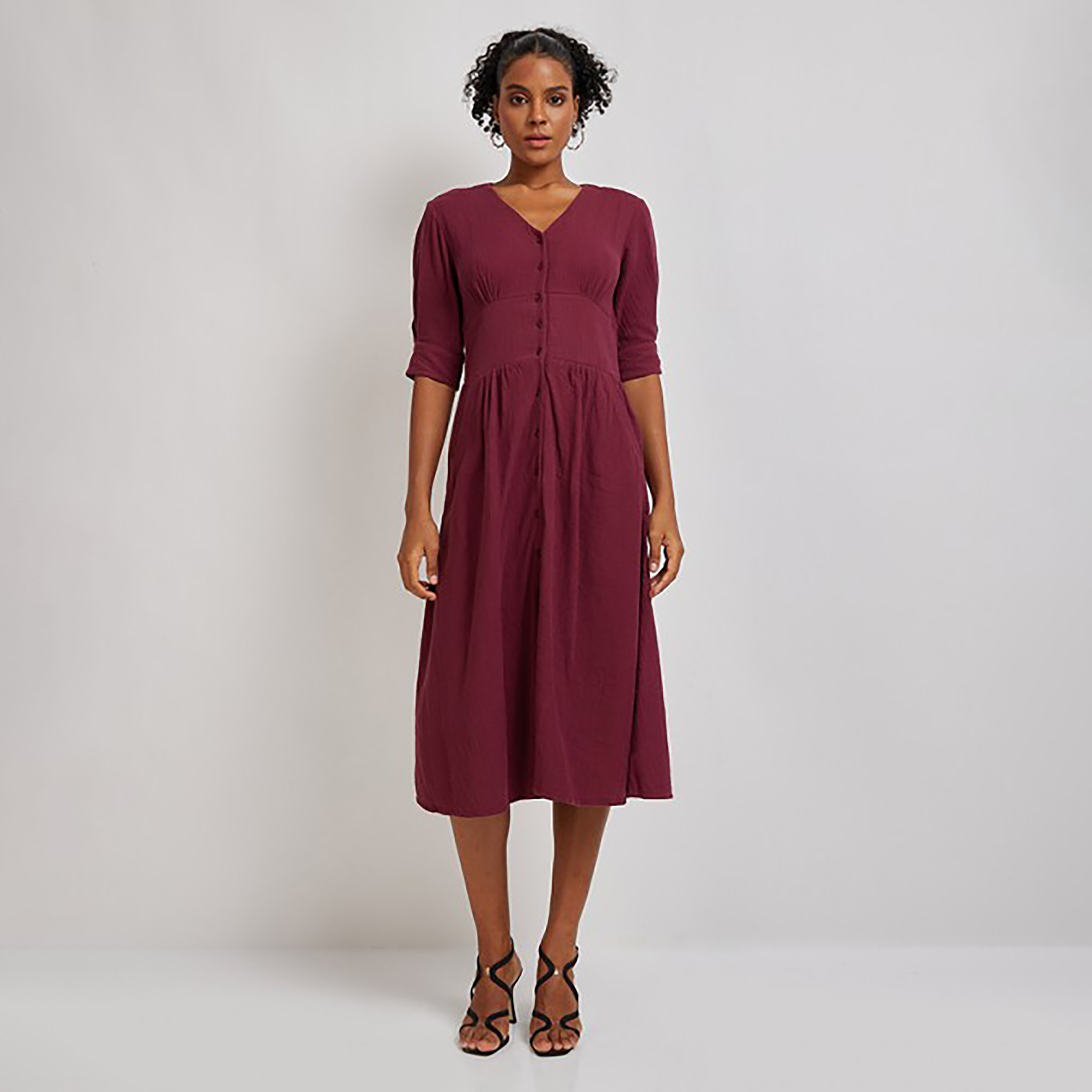 فستان ميدي ذو إيه لاين بياقة على شكل فى من إيروبوستال مع تكسثرد-women-clothing-dresses-image-1