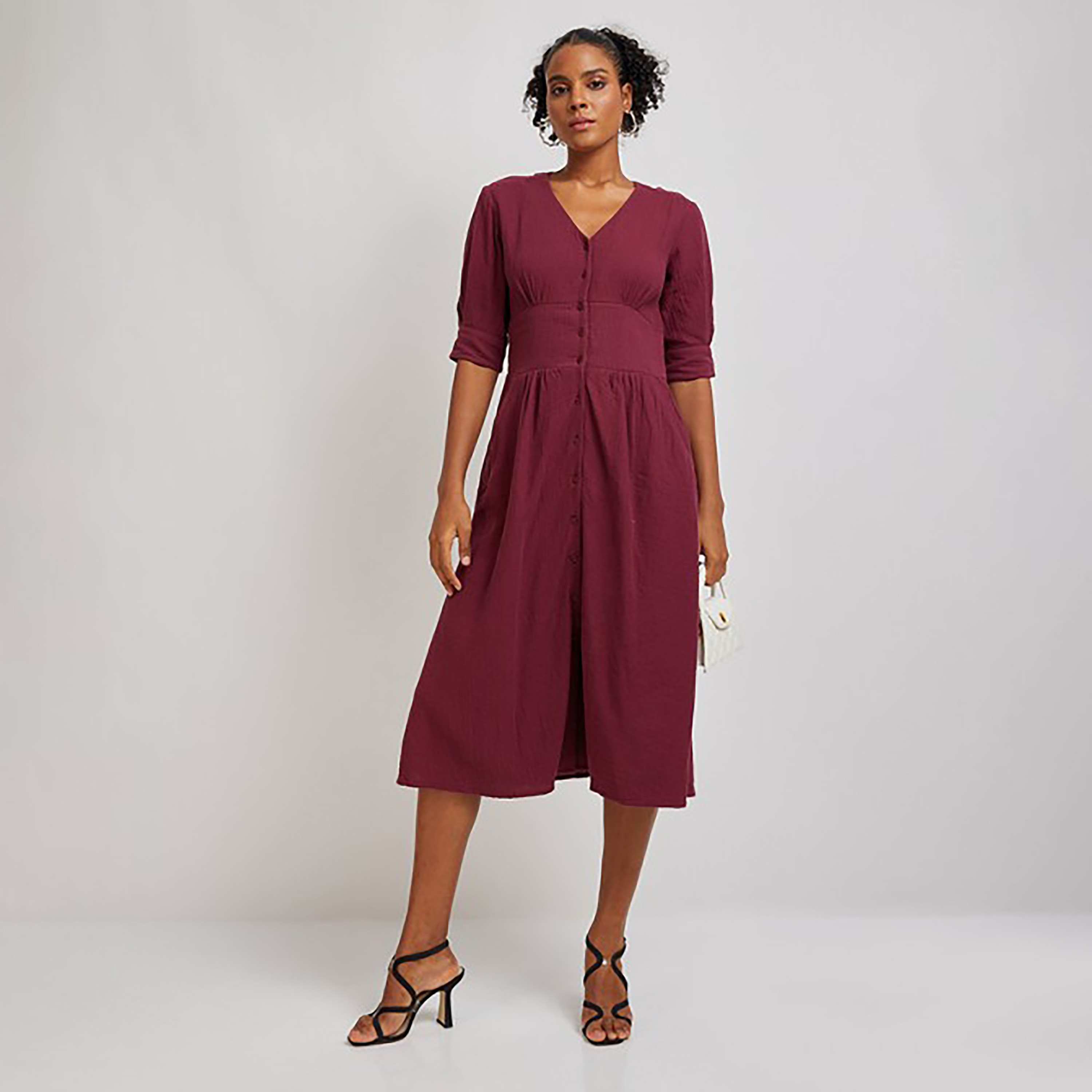 فستان ميدي ذو إيه لاين بياقة على شكل فى من إيروبوستال مع تكسثرد-women-clothing-dresses-image-2