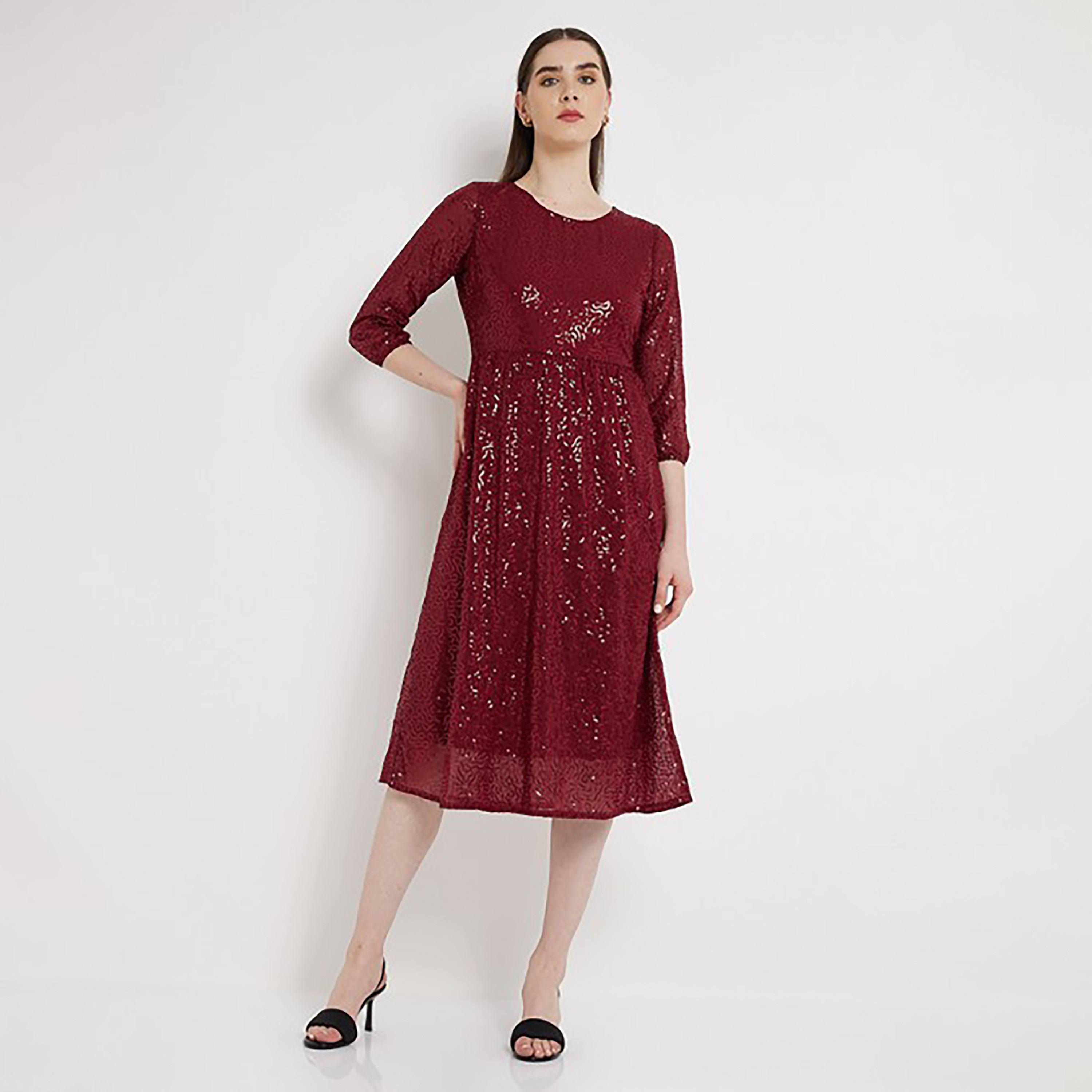 فستان متوسط الطول بواسع ورقبة دائرية مع مزين سيكوينس من إيروبوستال-women-clothing-dresses-image-5