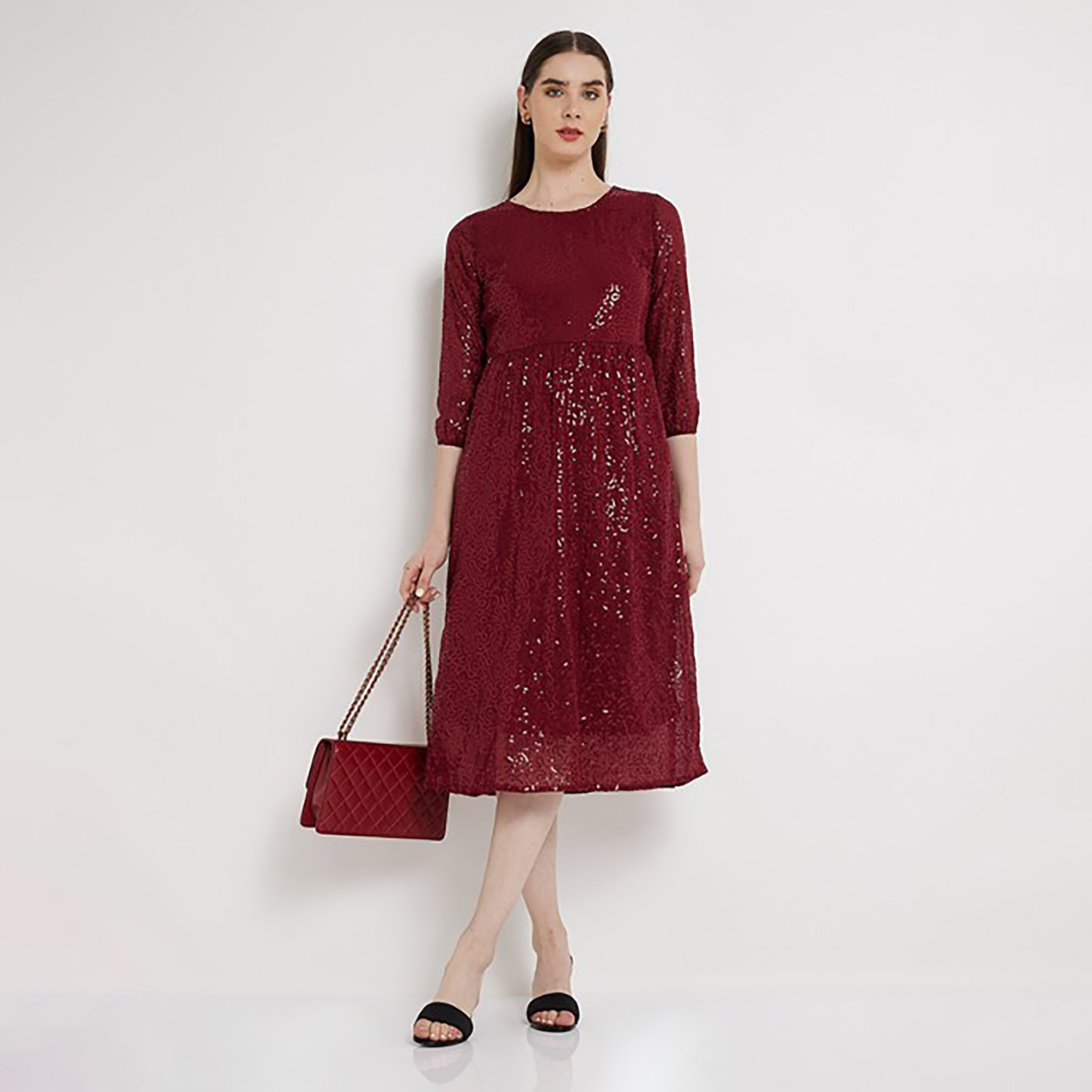 فستان متوسط الطول بواسع ورقبة دائرية مع مزين سيكوينس من إيروبوستال-women-clothing-dresses-image-6