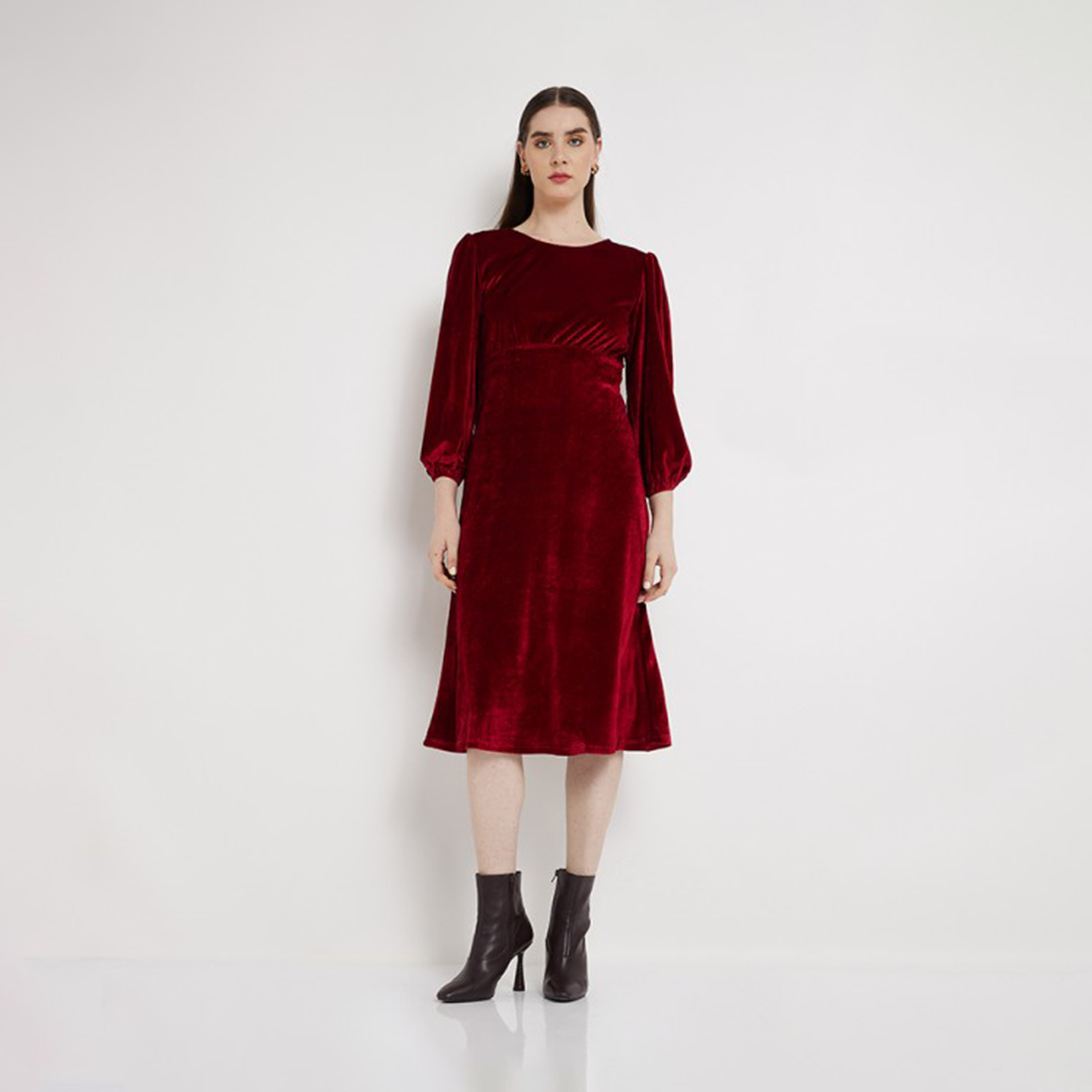 Aeropostale Women's Plain Round Neck Long Sleeves A-line Midi Dress-women-clothing-dresses-image-1