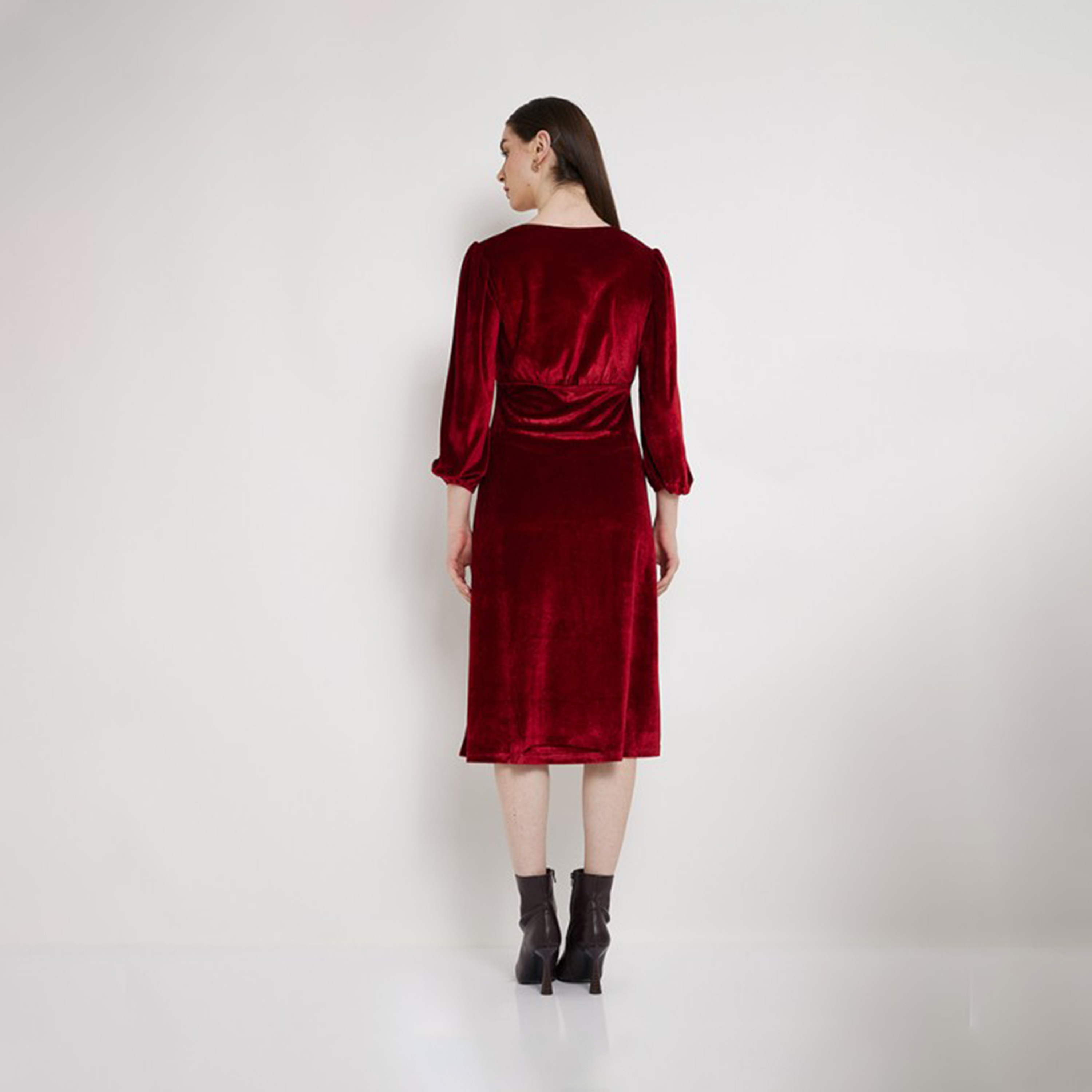أيروبوستال- فستان ميدي سادة بياقة دائرية وأكمام طويلة شكل حرف A للنساء-women-clothing-dresses-image-2