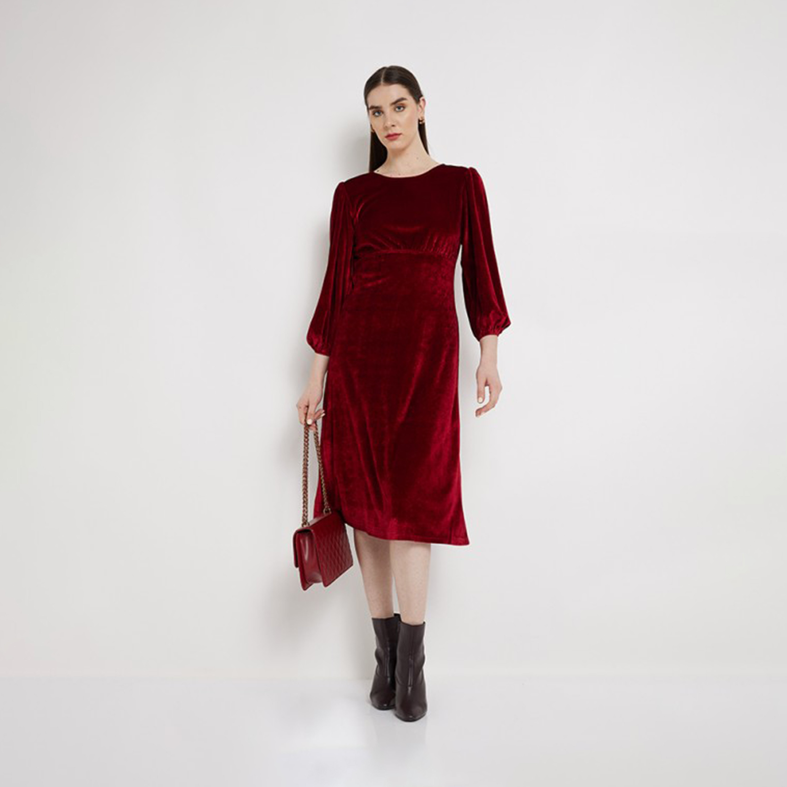 أيروبوستال- فستان ميدي سادة بياقة دائرية وأكمام طويلة شكل حرف A للنساء-women-clothing-dresses-image-4