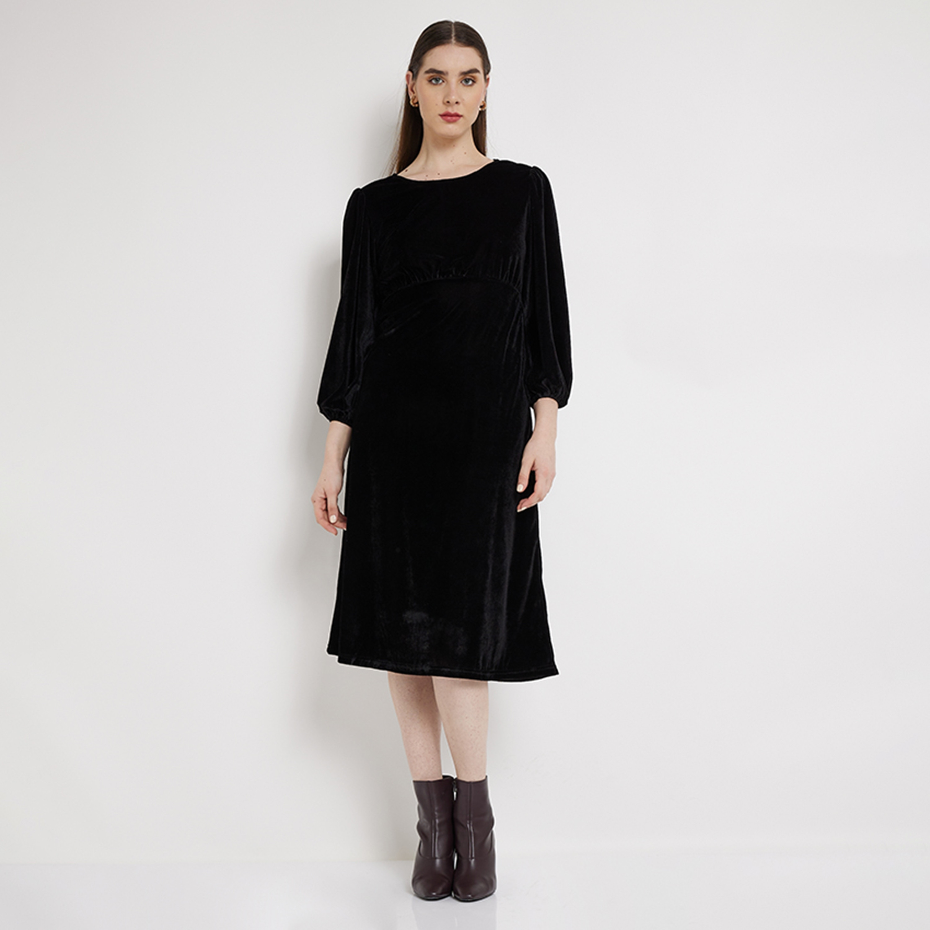 Aeropostale Women's Plain Round Neck Long Sleeves A-line Midi Dress-women-clothing-dresses-image-5