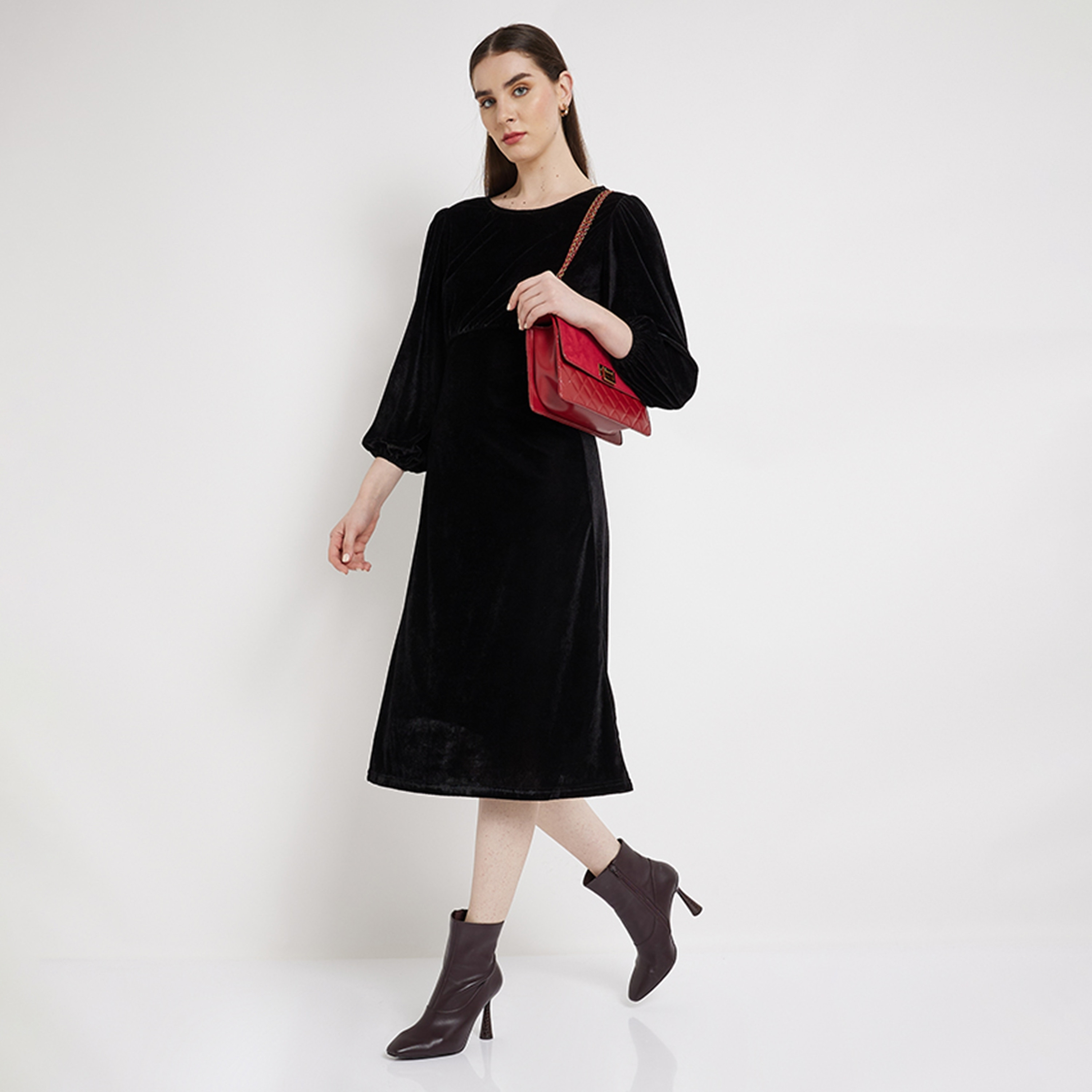 Aeropostale Women's Plain Round Neck Long Sleeves A-line Midi Dress-women-clothing-dresses-image-7