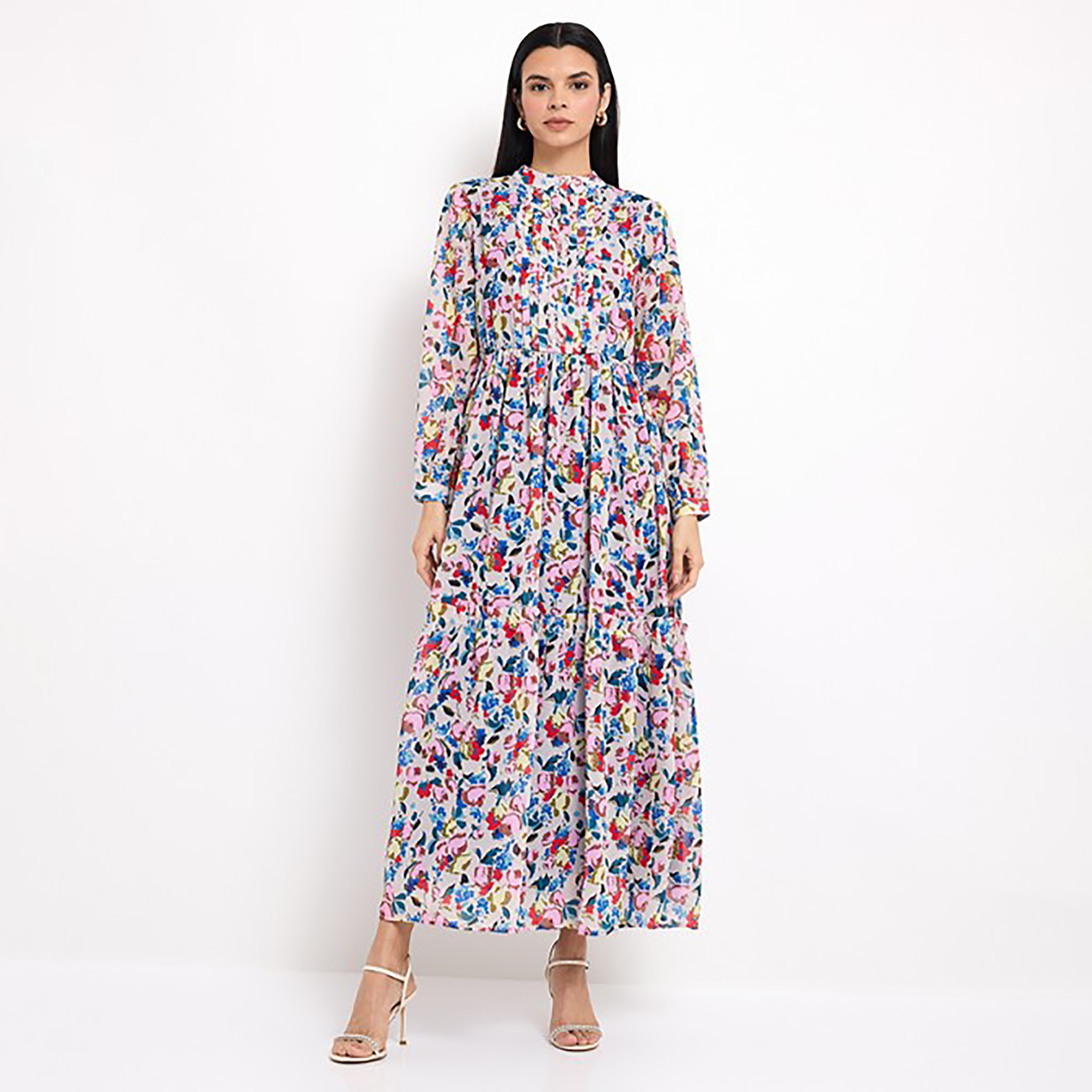 فستان نسائي ماكسي مطوي بياقة قائمة وطبعة زهور متعدد الألوان من إيروبوستيل-women-clothing-dresses-image-1