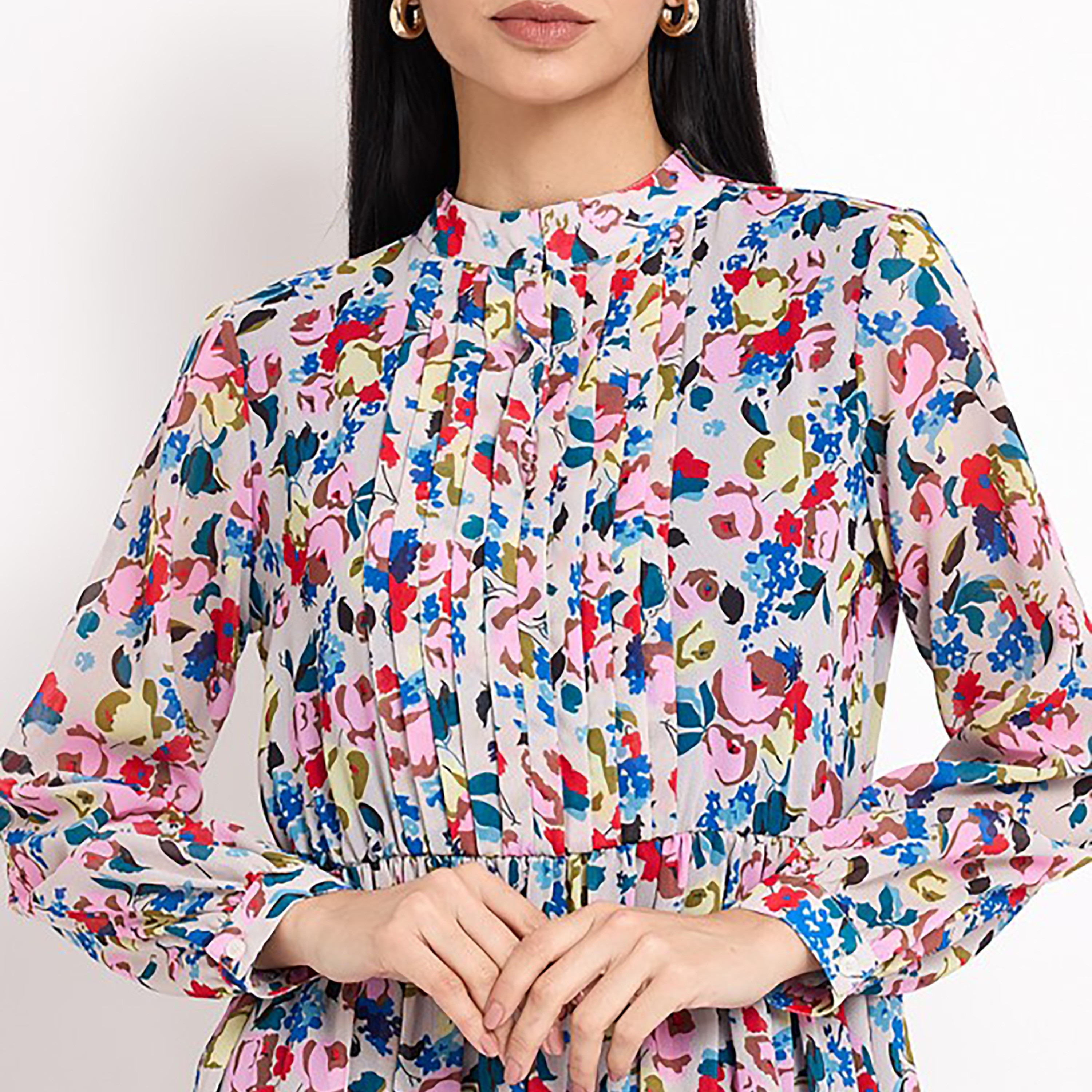 فستان نسائي ماكسي مطوي بياقة قائمة وطبعة زهور متعدد الألوان من إيروبوستيل-women-clothing-dresses-image-2