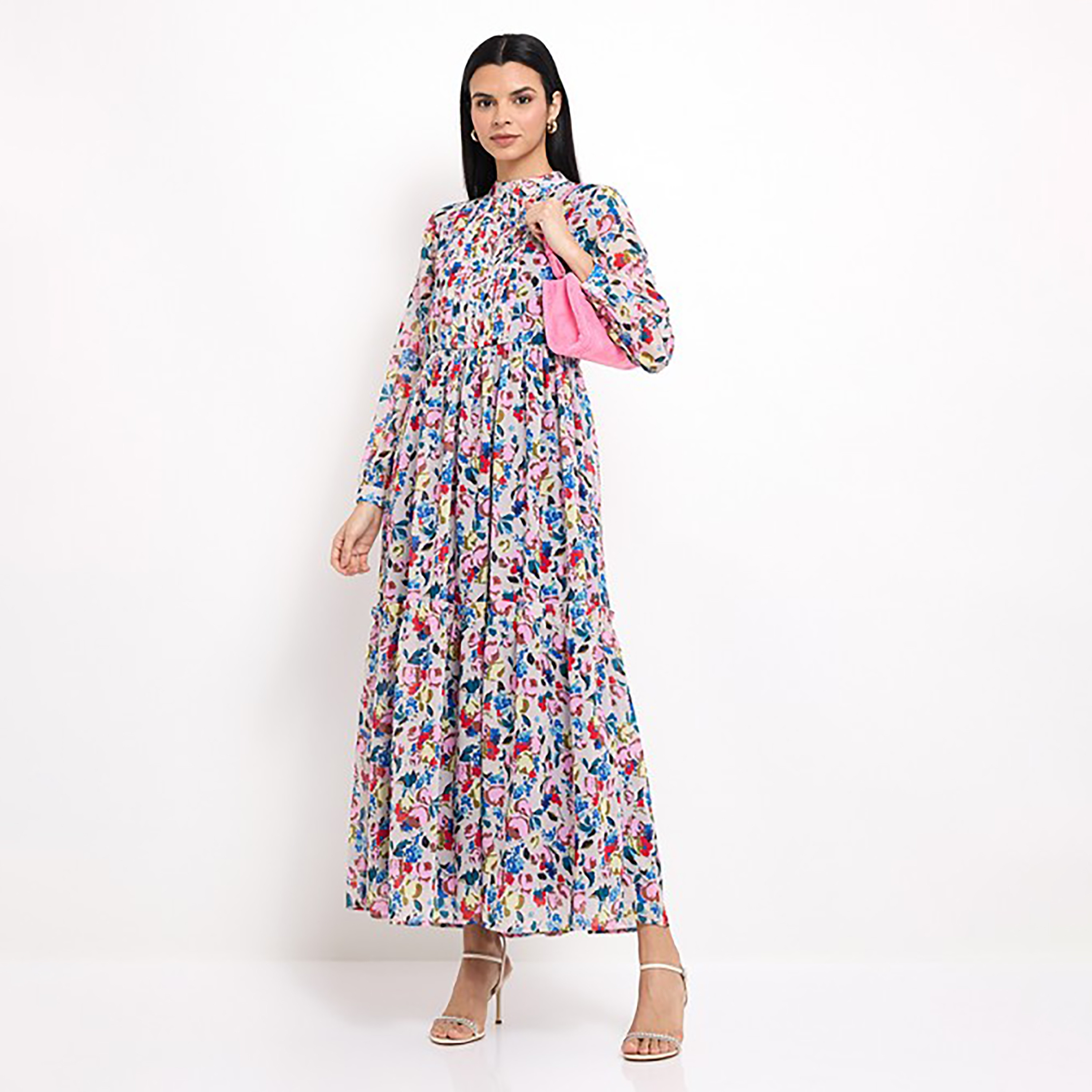فستان نسائي ماكسي مطوي بياقة قائمة وطبعة زهور متعدد الألوان من إيروبوستيل-women-clothing-dresses-image-3