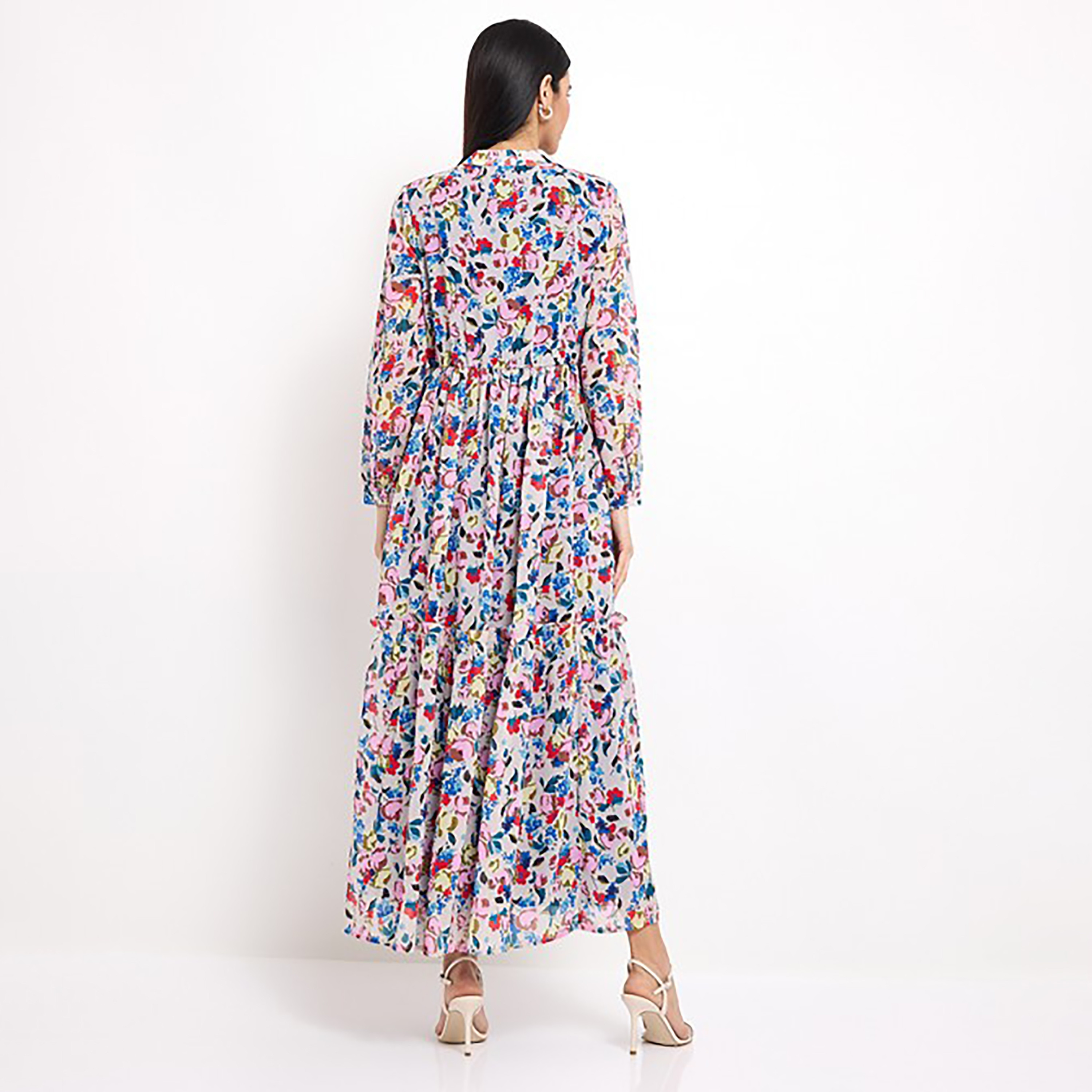 فستان نسائي ماكسي مطوي بياقة قائمة وطبعة زهور متعدد الألوان من إيروبوستيل-women-clothing-dresses-image-4