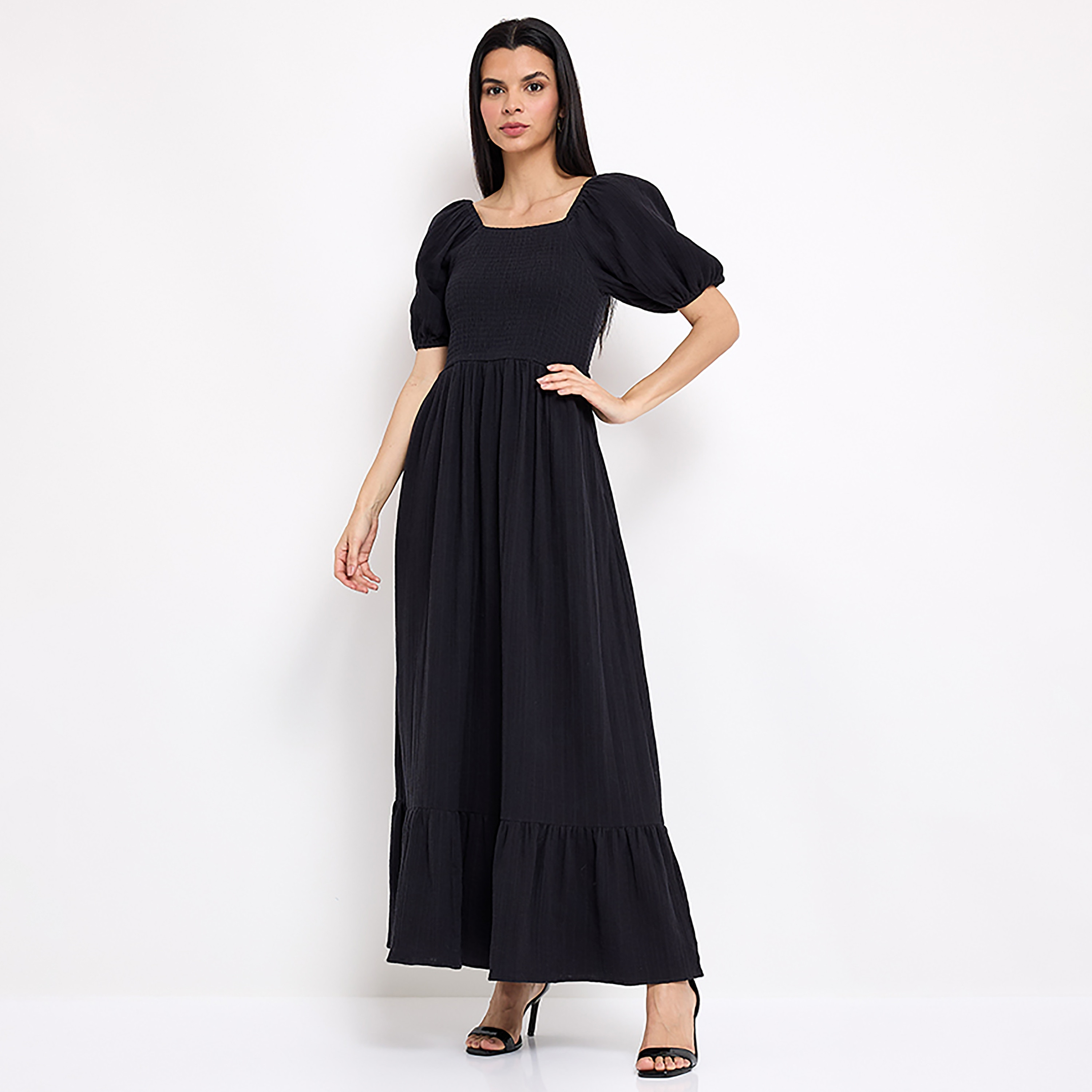 Aeropostale Smocked Black Square Neck Puff Sleeves Maxi Dress-women-clothing-dresses-image-1