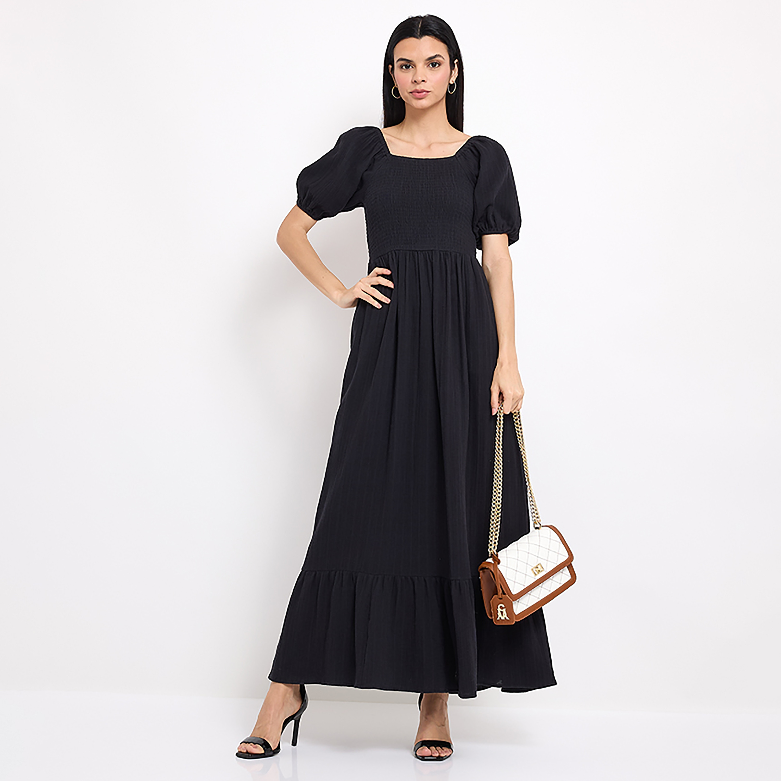 Aeropostale Smocked Black Square Neck Puff Sleeves Maxi Dress-women-clothing-dresses-image-3