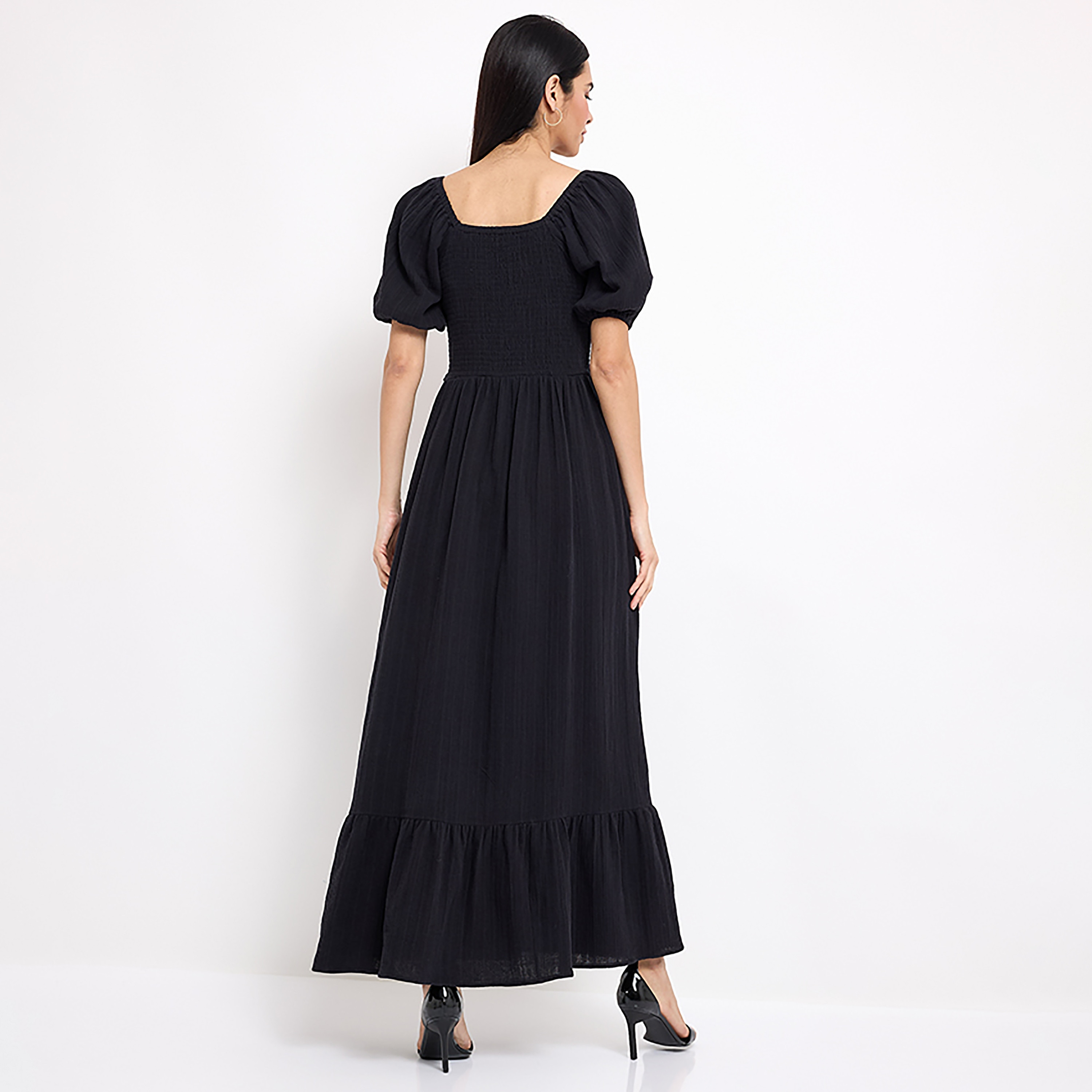 Aeropostale Smocked Black Square Neck Puff Sleeves Maxi Dress-women-clothing-dresses-image-4