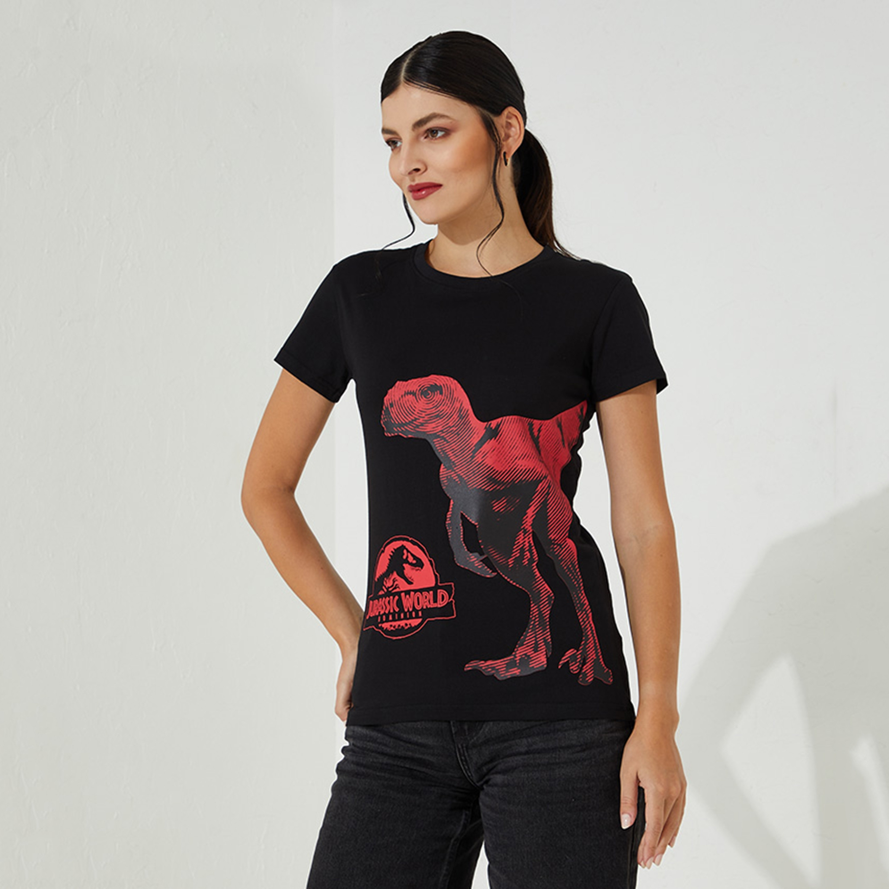 تي شيرت نسائي بأكمام قصيرة ورقبة دائرية وطبعة رسومات ديناصور من أيروبوستال-women-clothing-tshirts-image-1