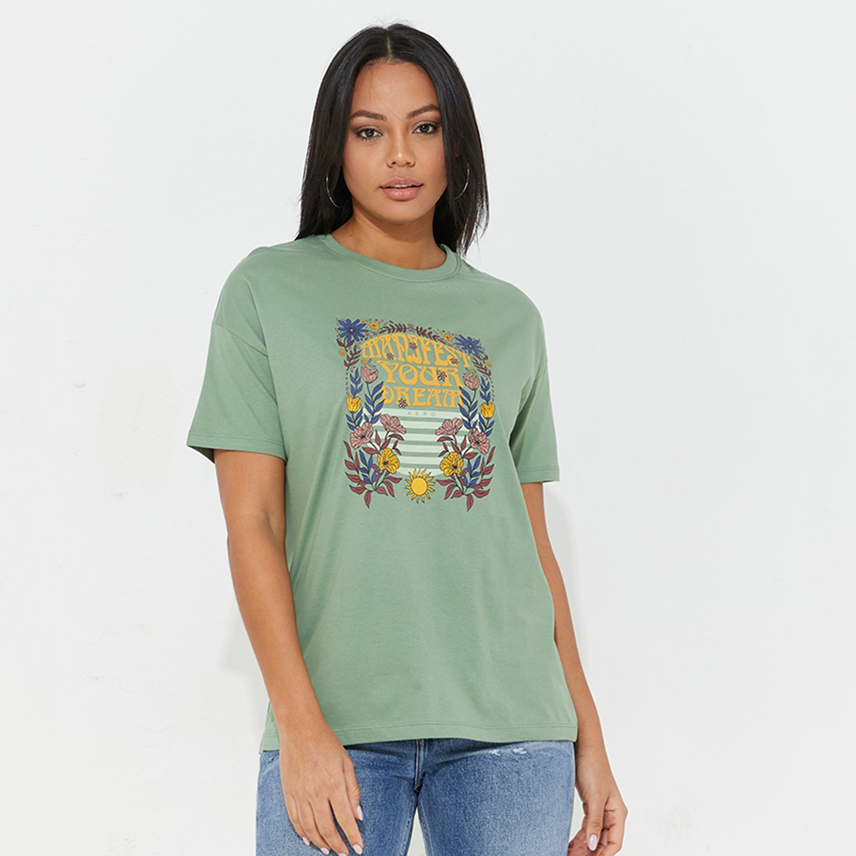 تي شيرت نسائي بطبعة رسومات زهرية ورقبة دائرية وأكمام قصيرة من أيروبوستال-women-clothing-tshirts-image-1