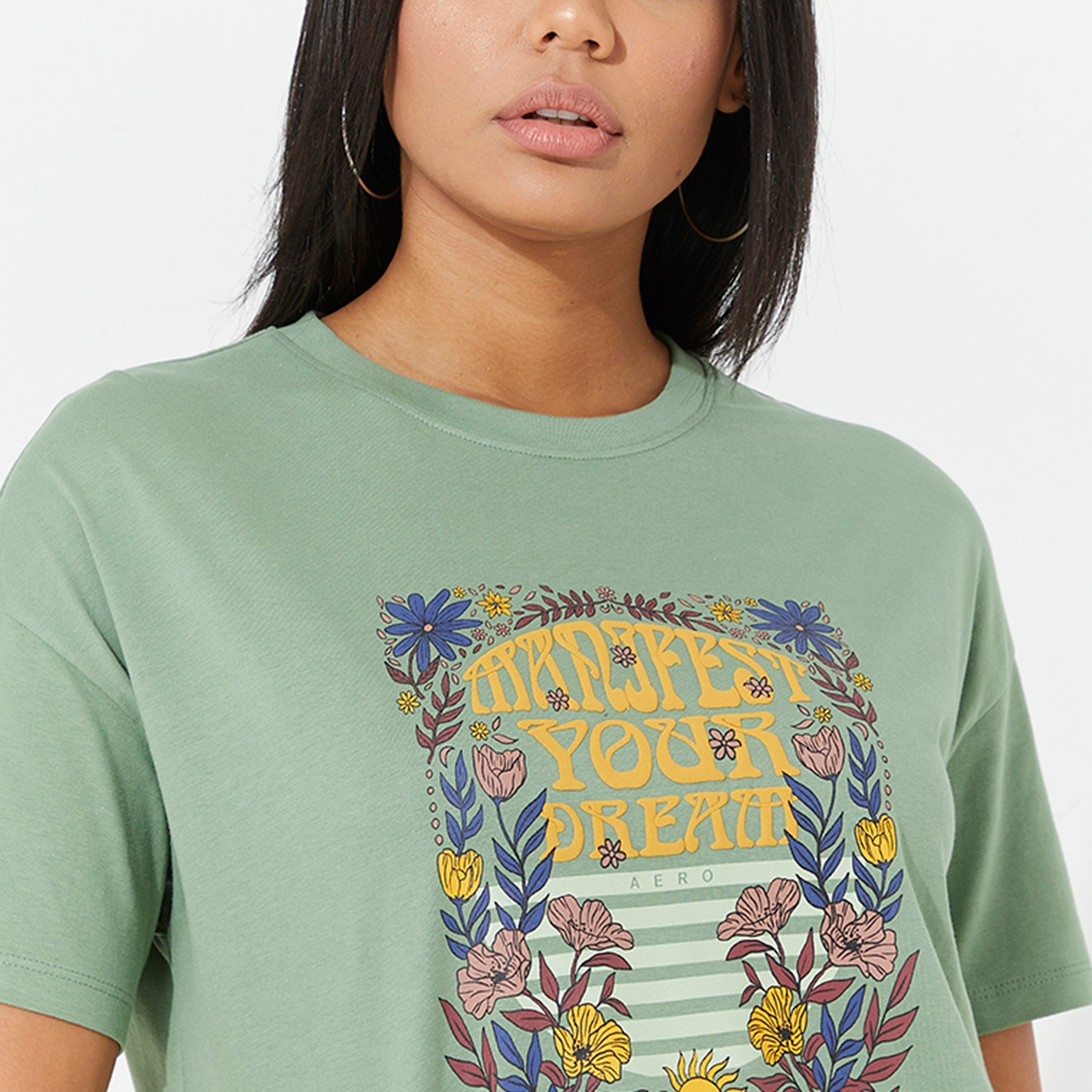 تي شيرت نسائي بطبعة رسومات زهرية ورقبة دائرية وأكمام قصيرة من أيروبوستال-women-clothing-tshirts-image-3