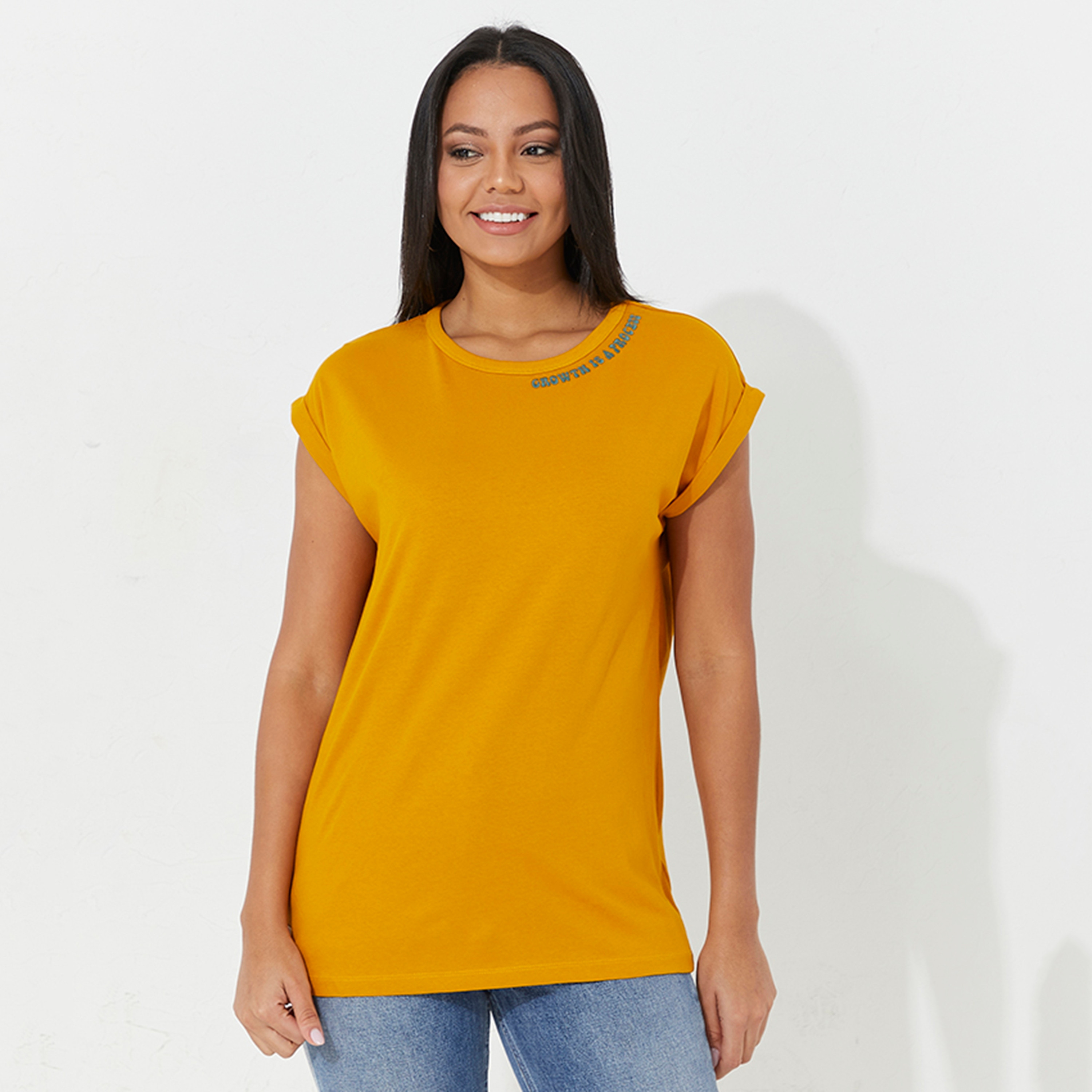 تي شيرت نسائي برقبة دائرية وأكمام مطوية وطبعة رسومات على شكل فطر من أيروبوستال-women-clothing-tshirts-image-1