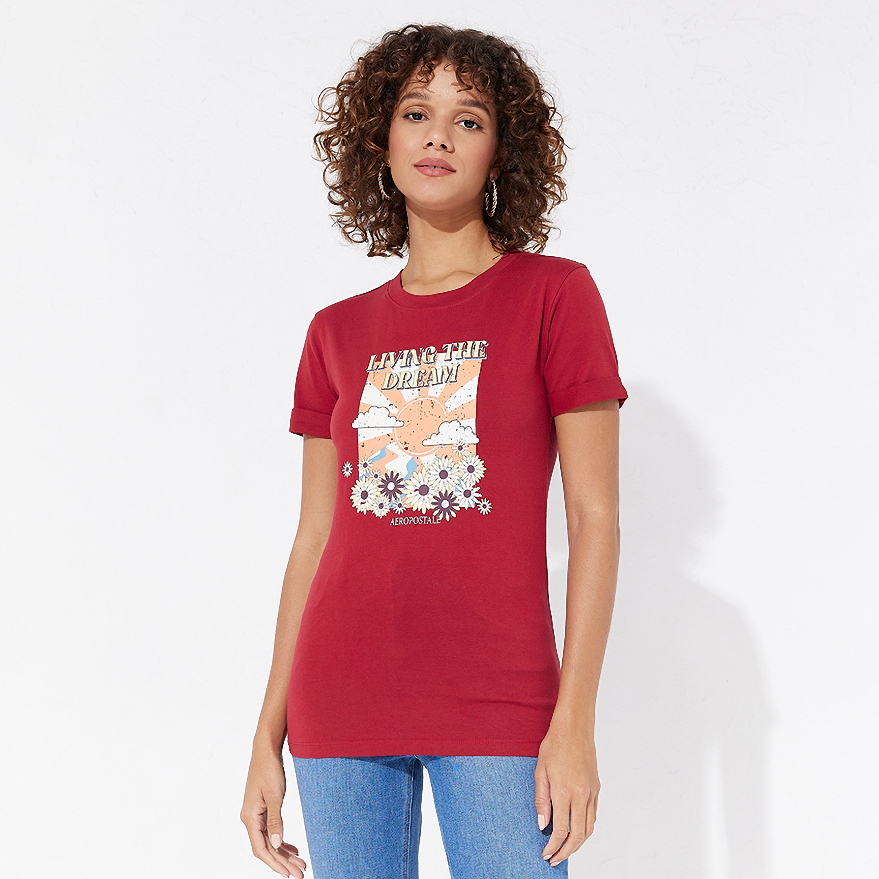 تي شيرت نسائي بأكمام قصيرة ورقبة دائرية مزخرفة بالزهور من أيروبوستال-women-clothing-tshirts-image-1