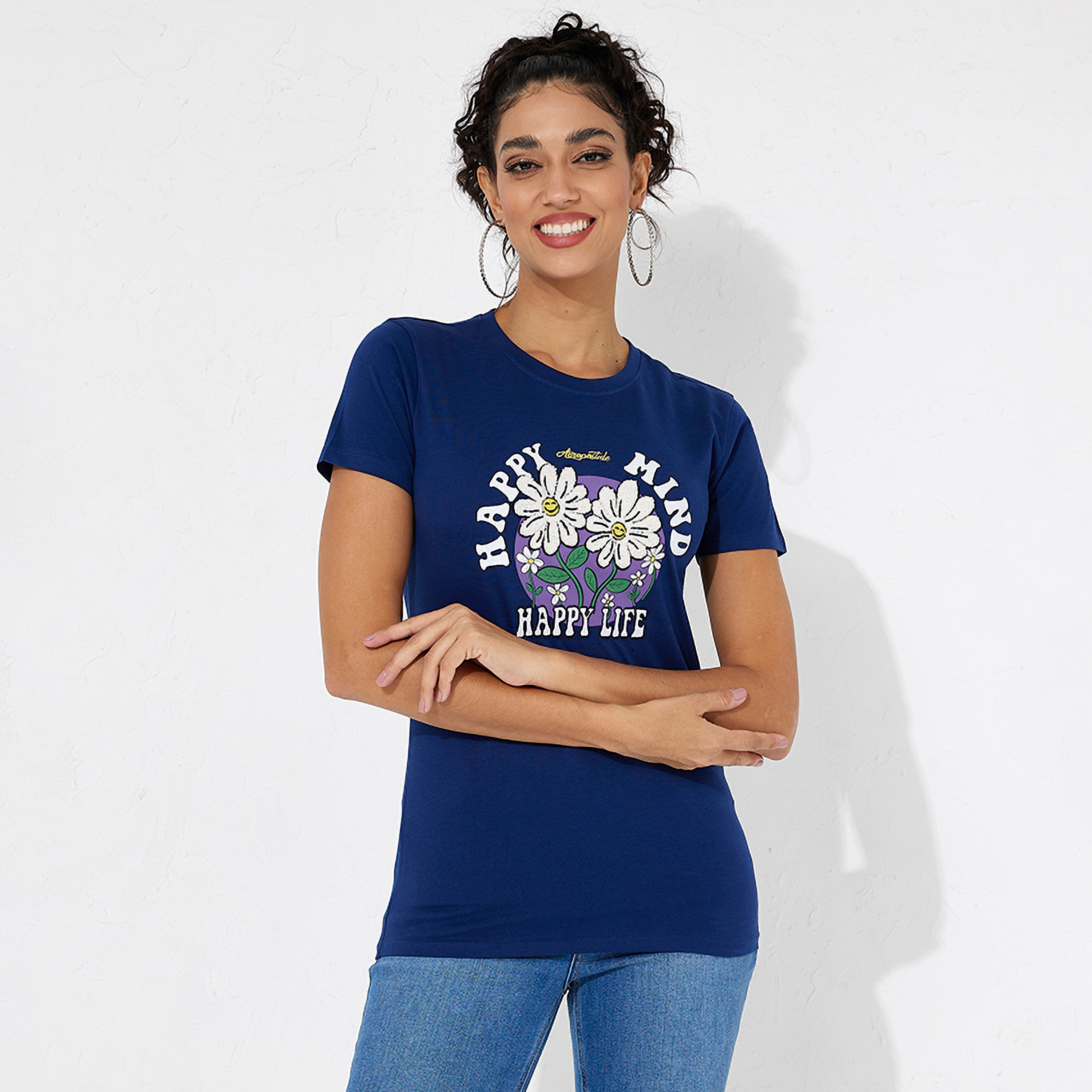 تي شيرت نسائي بأكمام قصيرة ورقبة دائرية مزخرفة بالزهور من أيروبوستال-women-clothing-tshirts-image-5