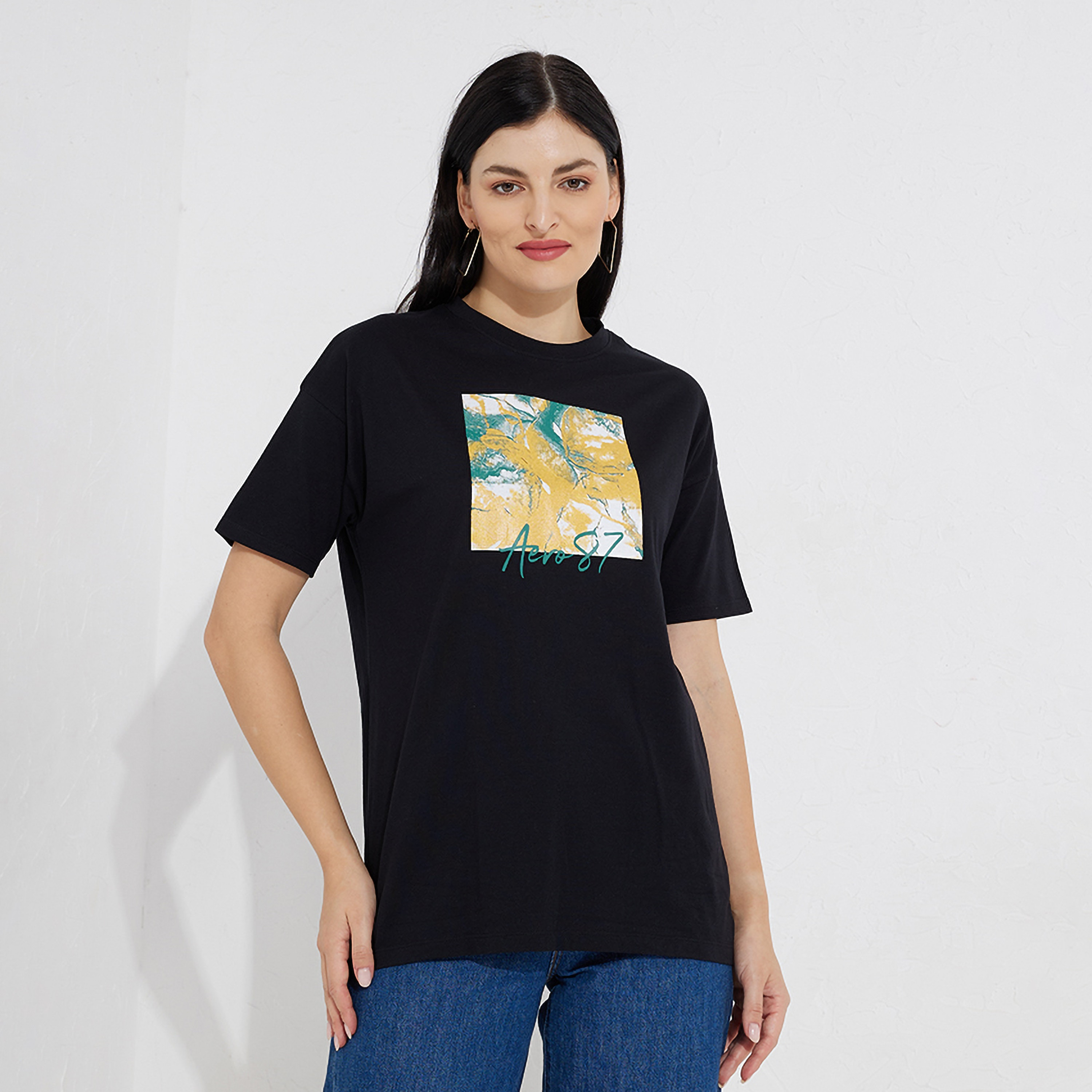 تي شيرت برسومات بأكمام قصيرة ورقبة دائرية للنساء من أيروبوستال-women-clothing-tshirts-image-1