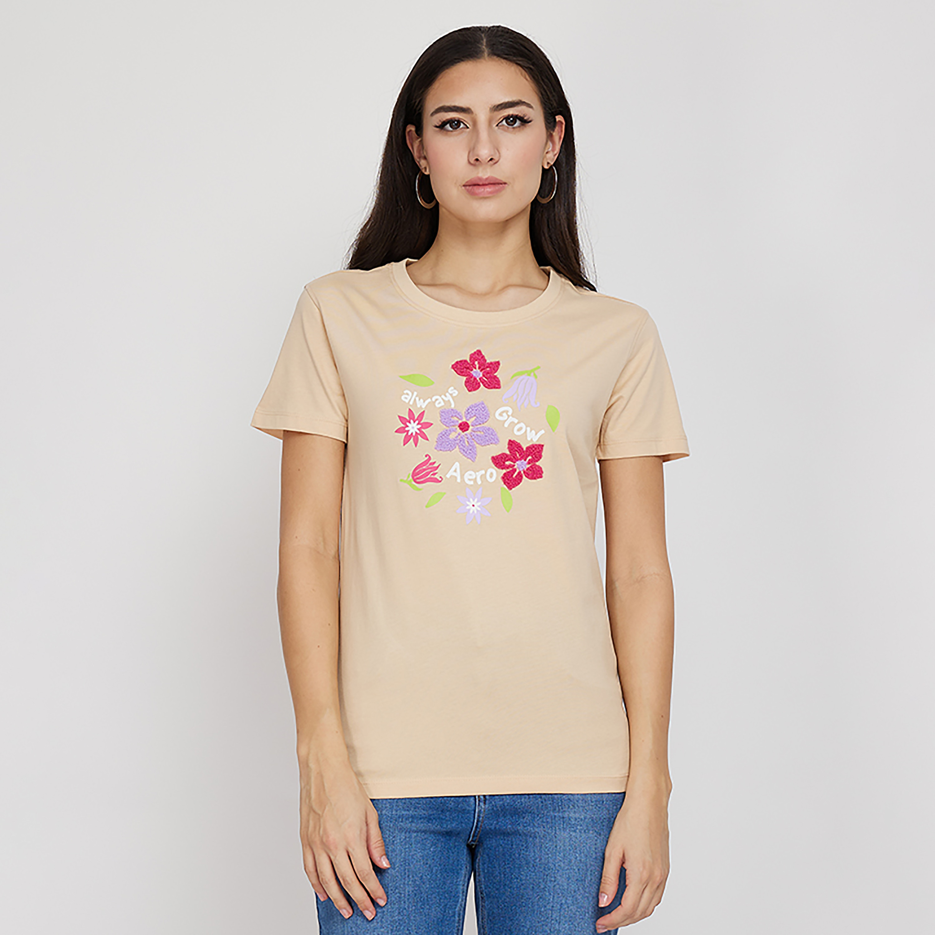 تي شيرت من ايروبوستال بأكمام قصيرة و ياقة مستديرة مع زھور-women-clothing-tshirts-image-1