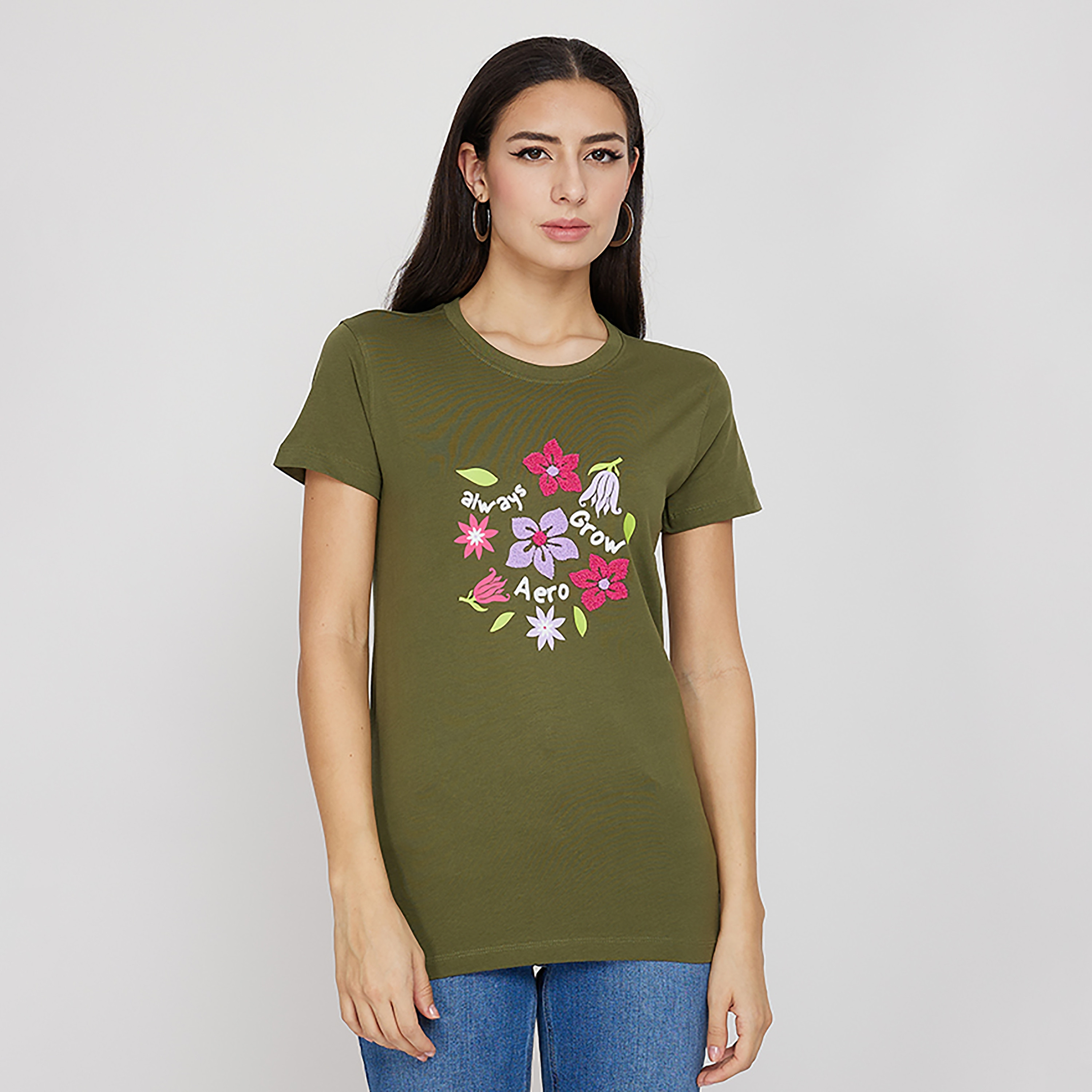 تي شيرت من ايروبوستال بأكمام قصيرة و ياقة مستديرة مع زھور-women-clothing-tshirts-image-5