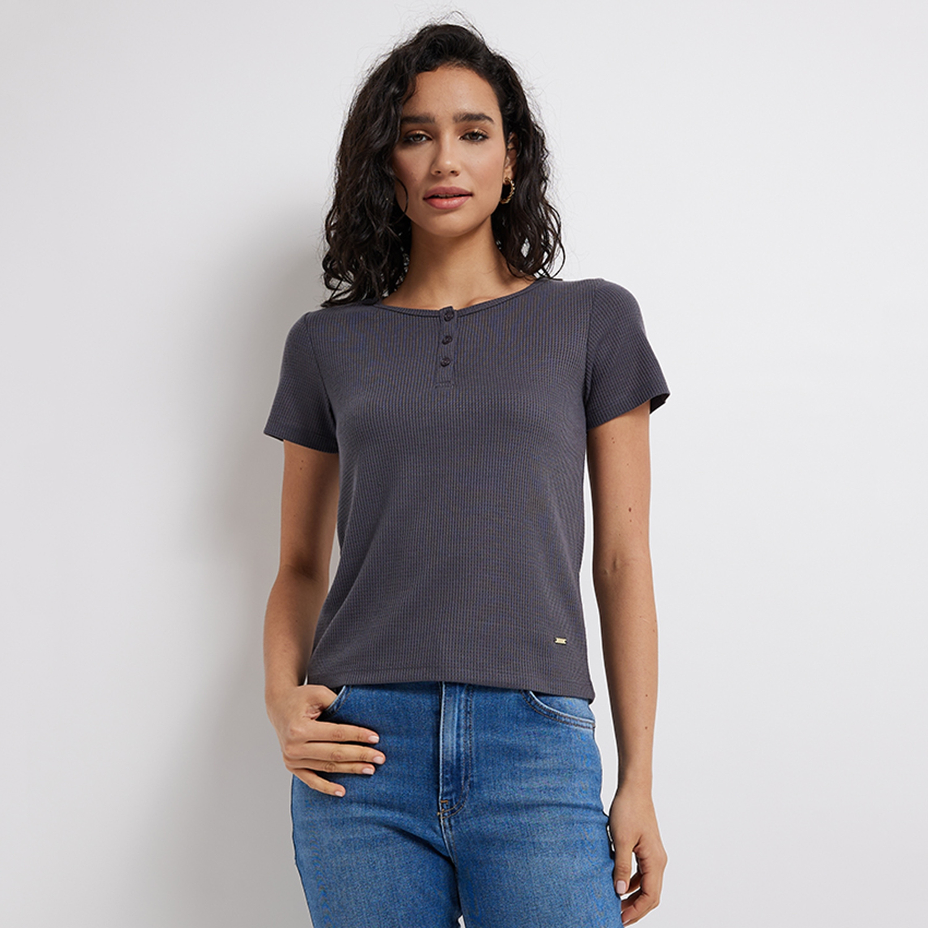 Aeropostale Textured Henley Neck Short Sleeves Women's T-Shirt-women-clothing-tshirts-image-1