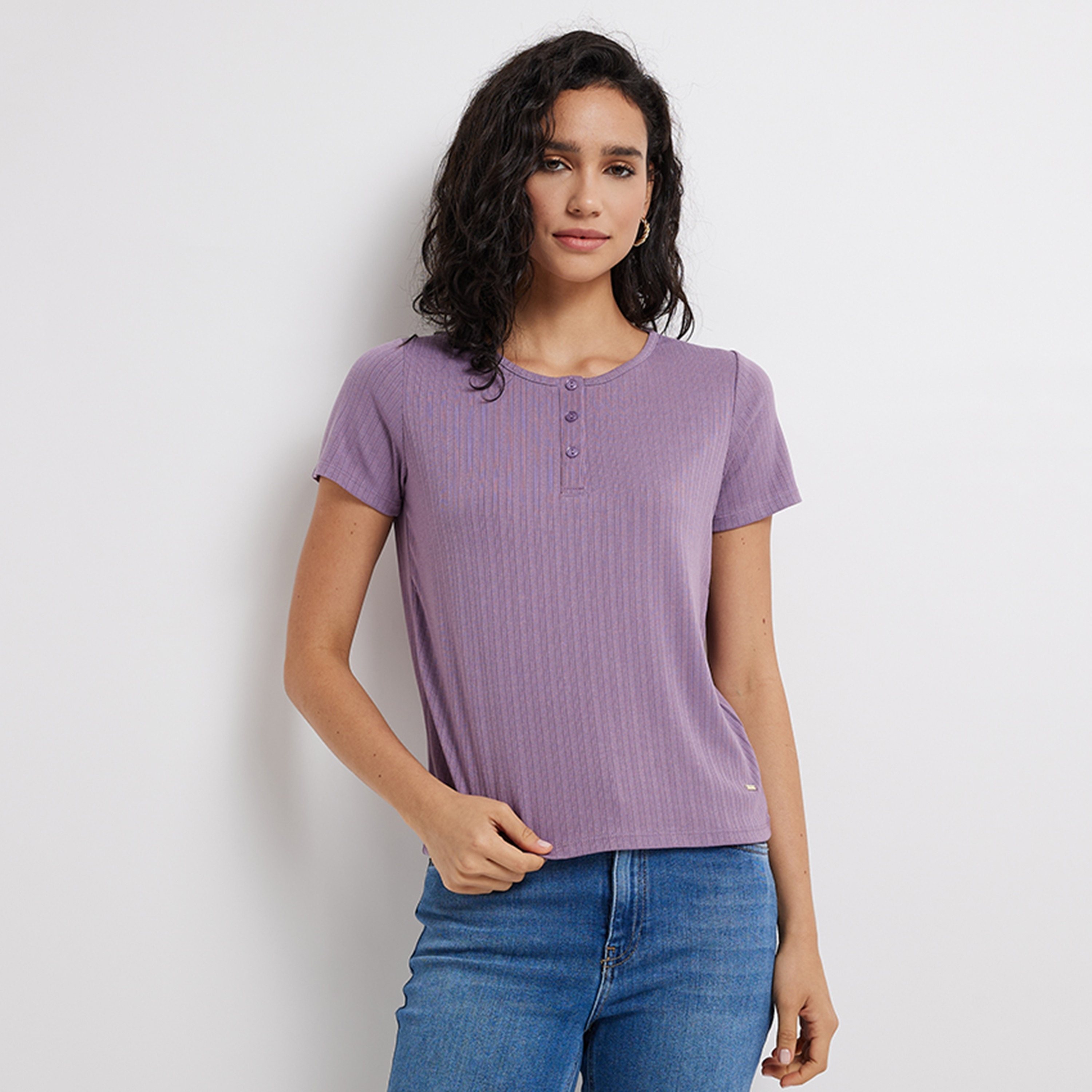 Aeropostale Textured Henley Neck Short Sleeves Women's T-Shirt-women-clothing-tshirts-image-1