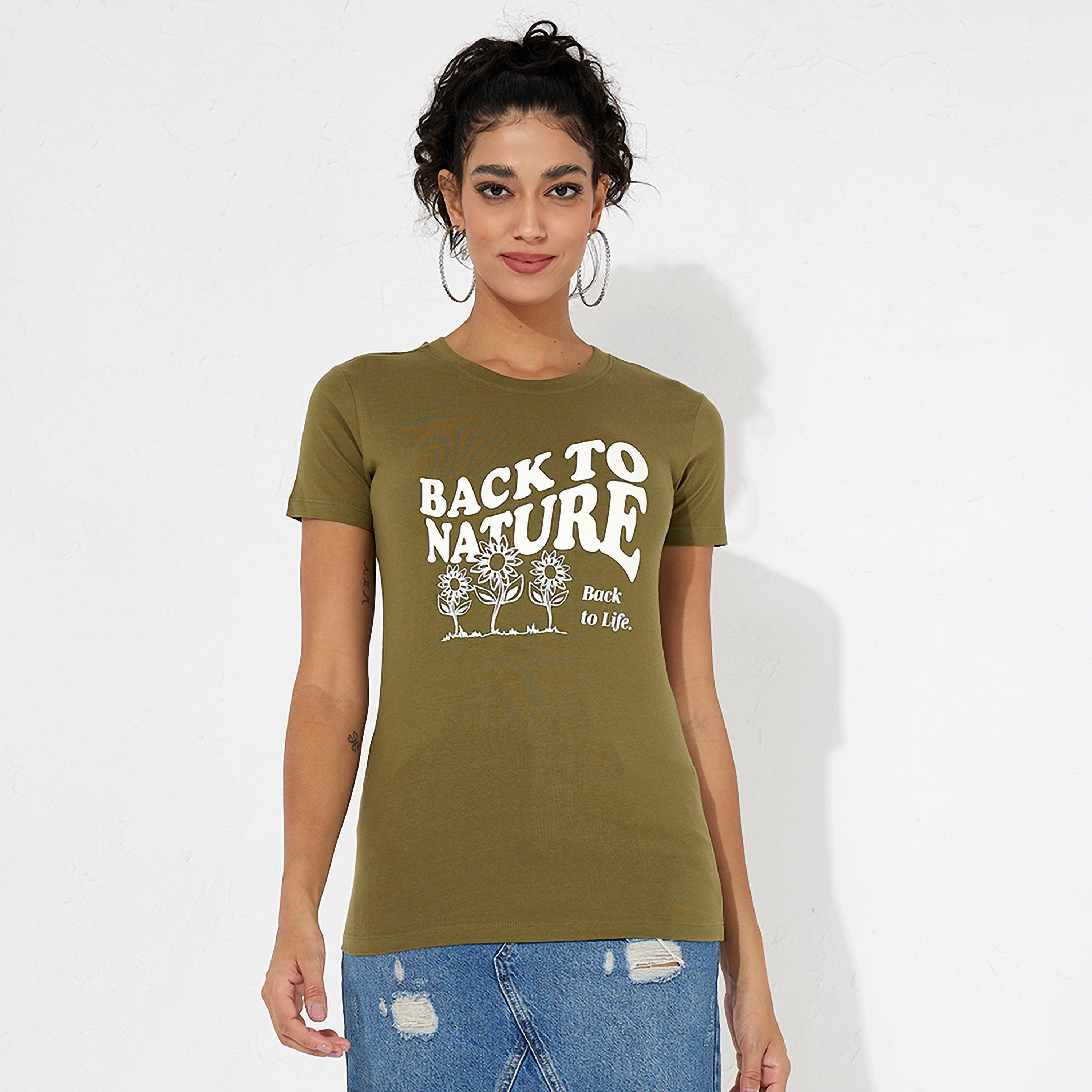 تي شيرت نسائي بأكمام قصيرة ورقبة دائرية وطبعة نصية من أيروبوستال-women-clothing-tshirts-image-1