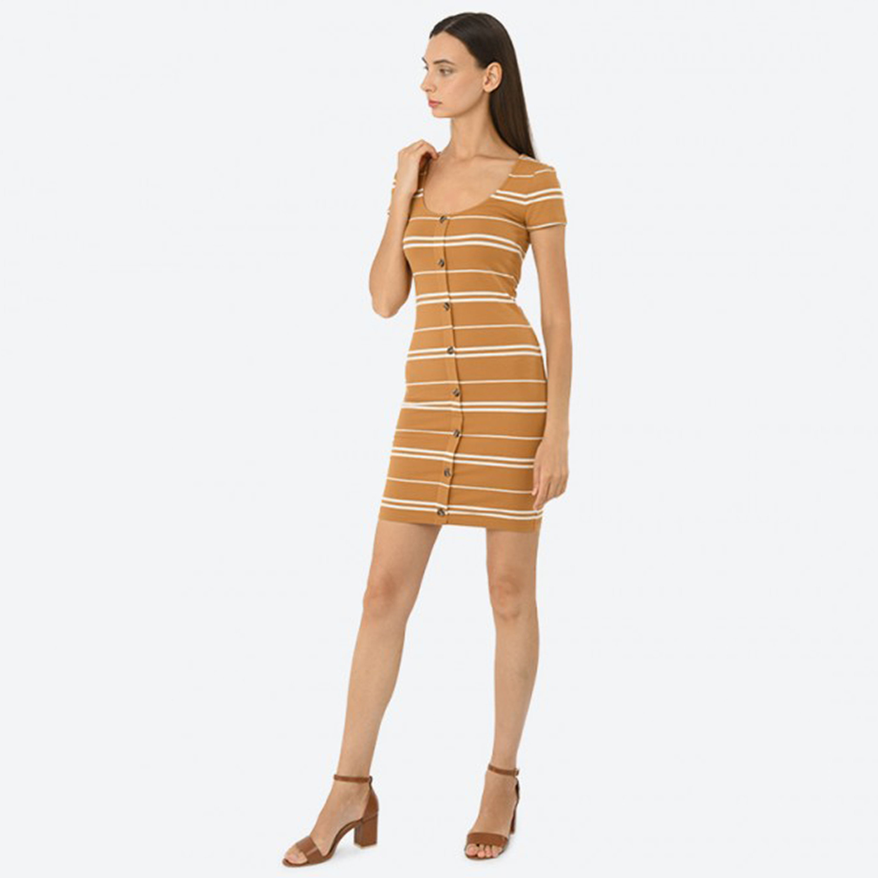فستان نسائي ميدي ضيق بني بياقة دائرية ومخطط من آيروبوستيل-women-clothing-dresses-image-2