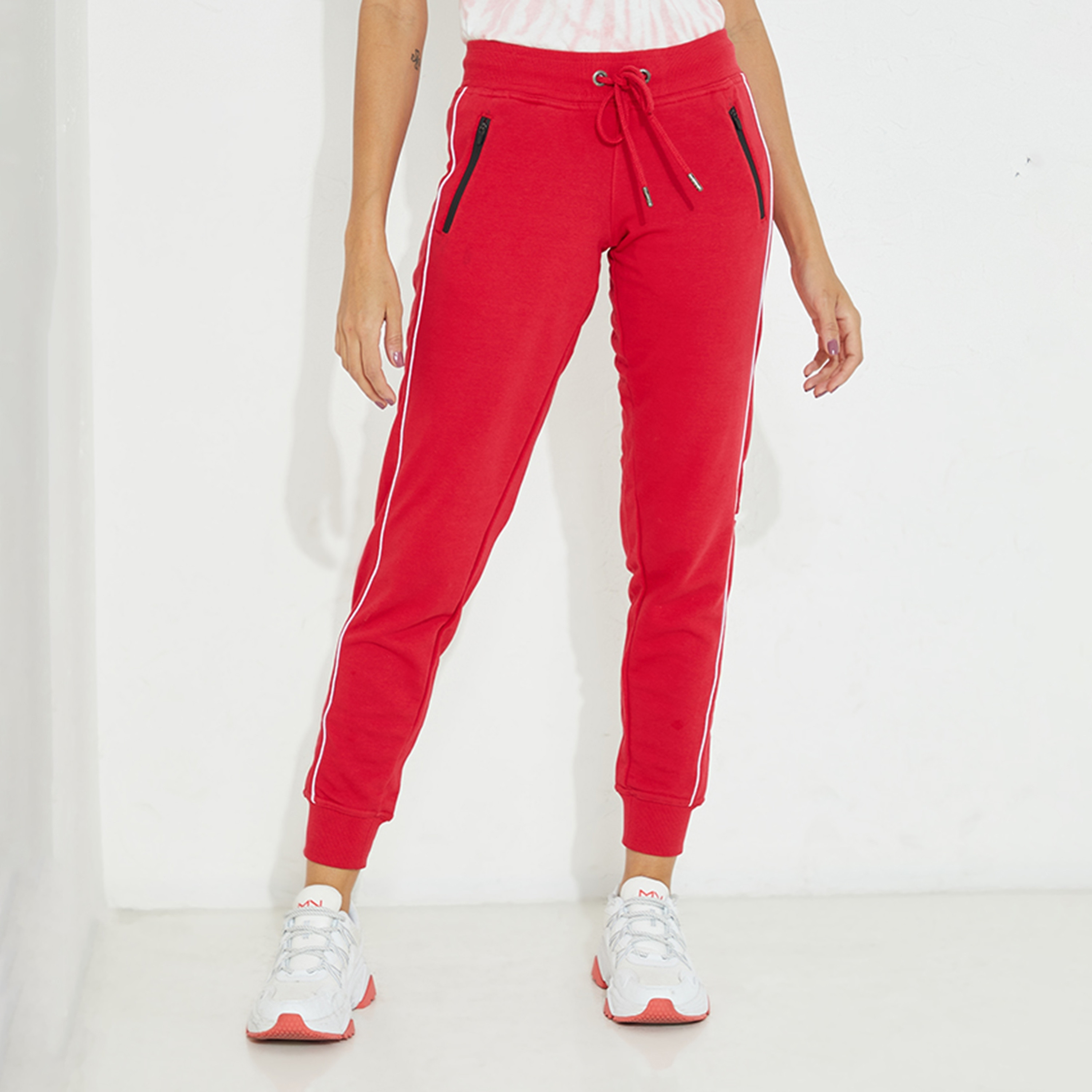 بنطلون ركض نسائي بخصر متوسط وتفاصيل حواف ورباط من أيروبوستال-women-clothing-bottoms-joggers-image-1