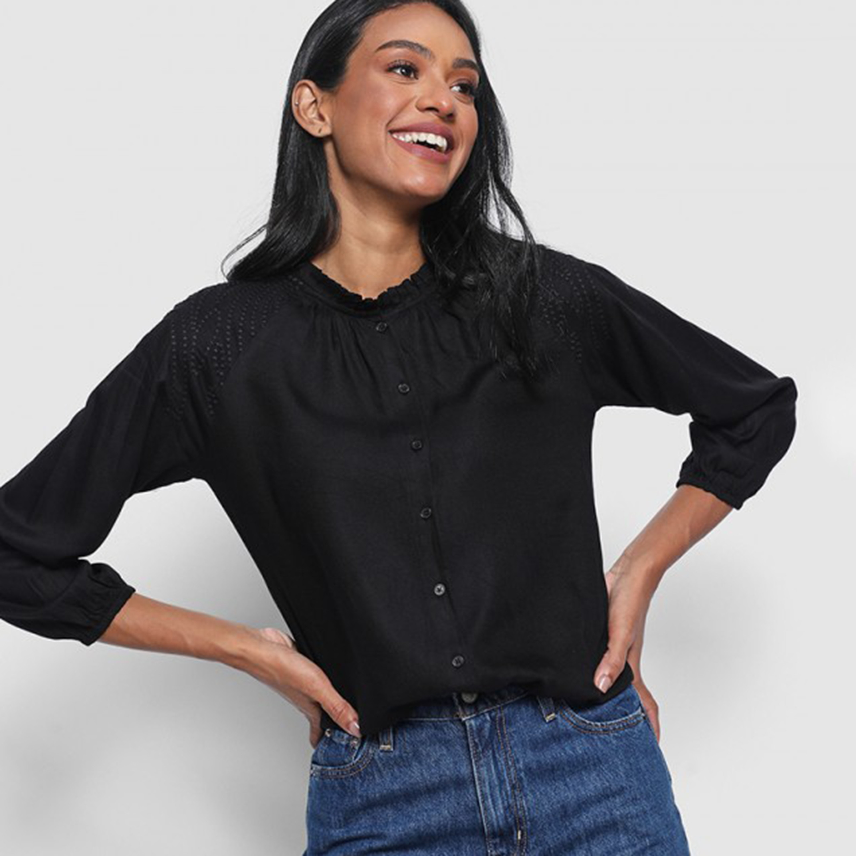 Aeropostale Black  Ruffed Neck Women's Top-women-clothing-shirtsandblouses-blouses-image-5