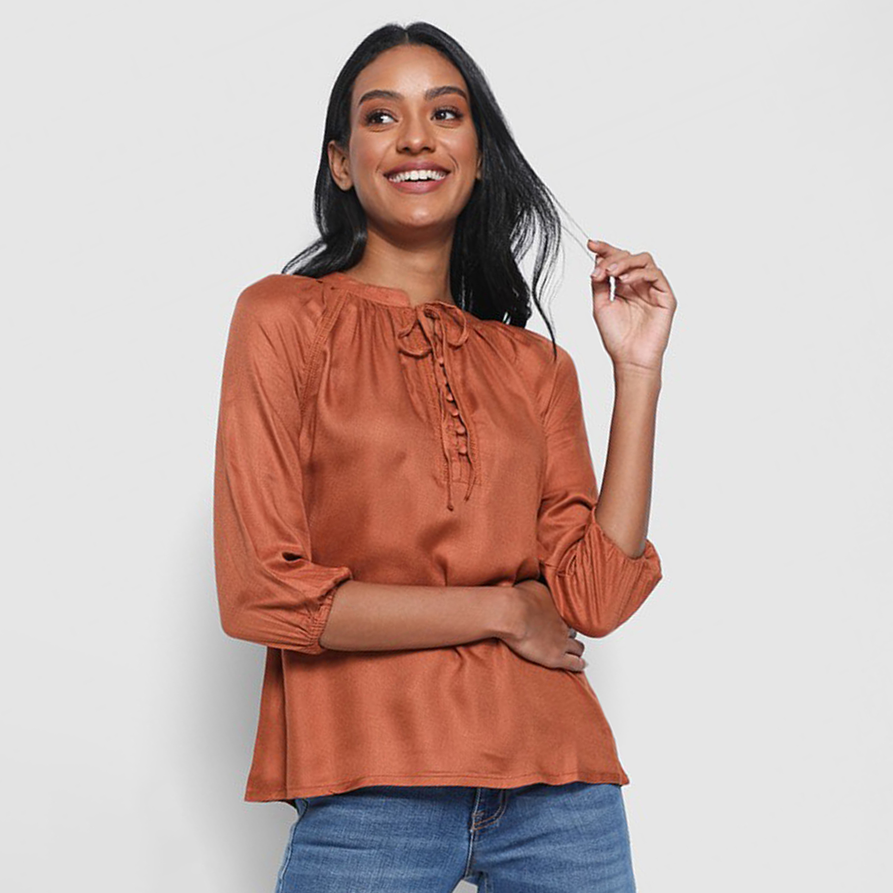 توب نسائي برباط عنق بلون الصدأ من آيروبوستيل-women-clothing-shirtsandblouses-blouses-image-4